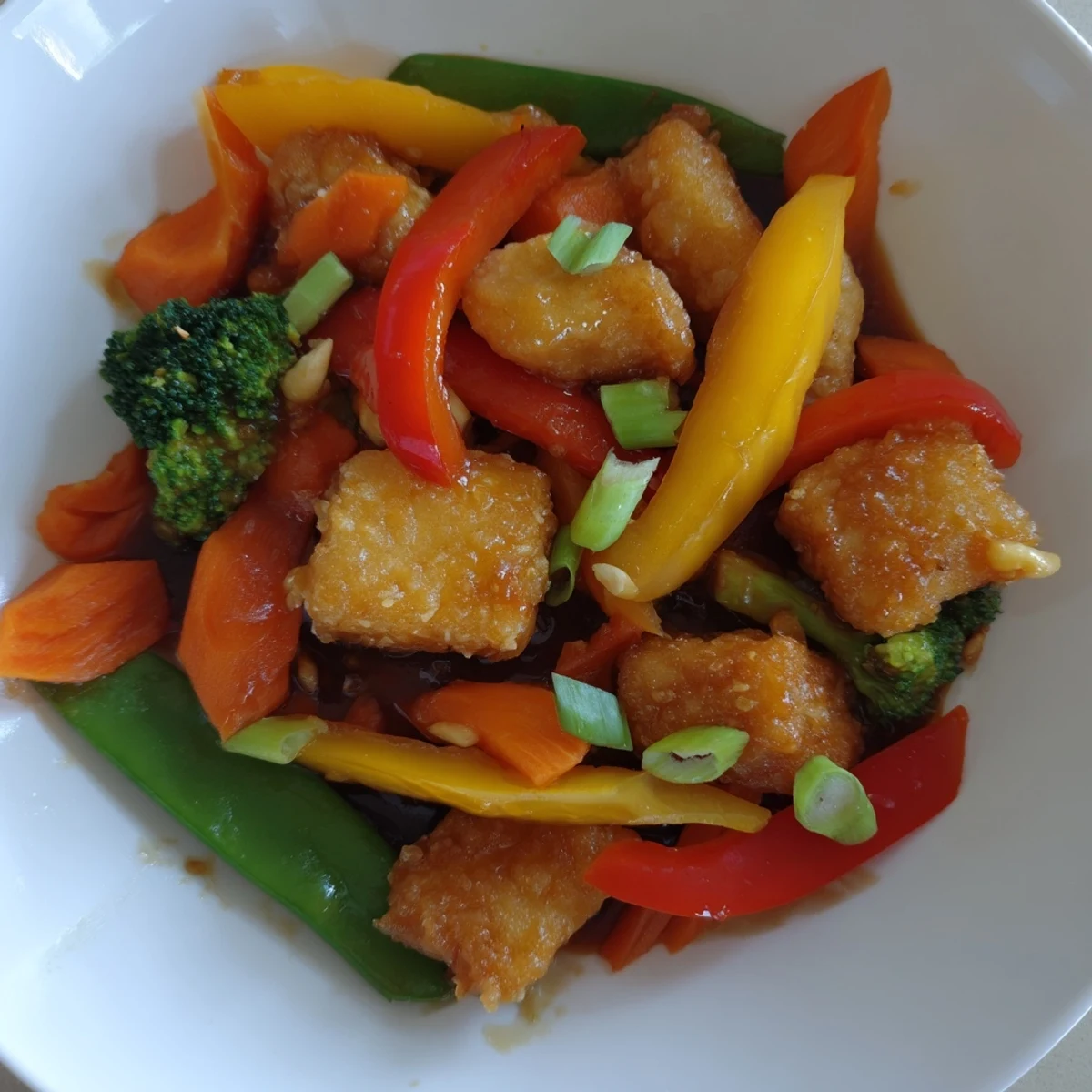 A close-up shot of a steaming bowl of crispy tofu stir fry with a sweet-savory sauce.