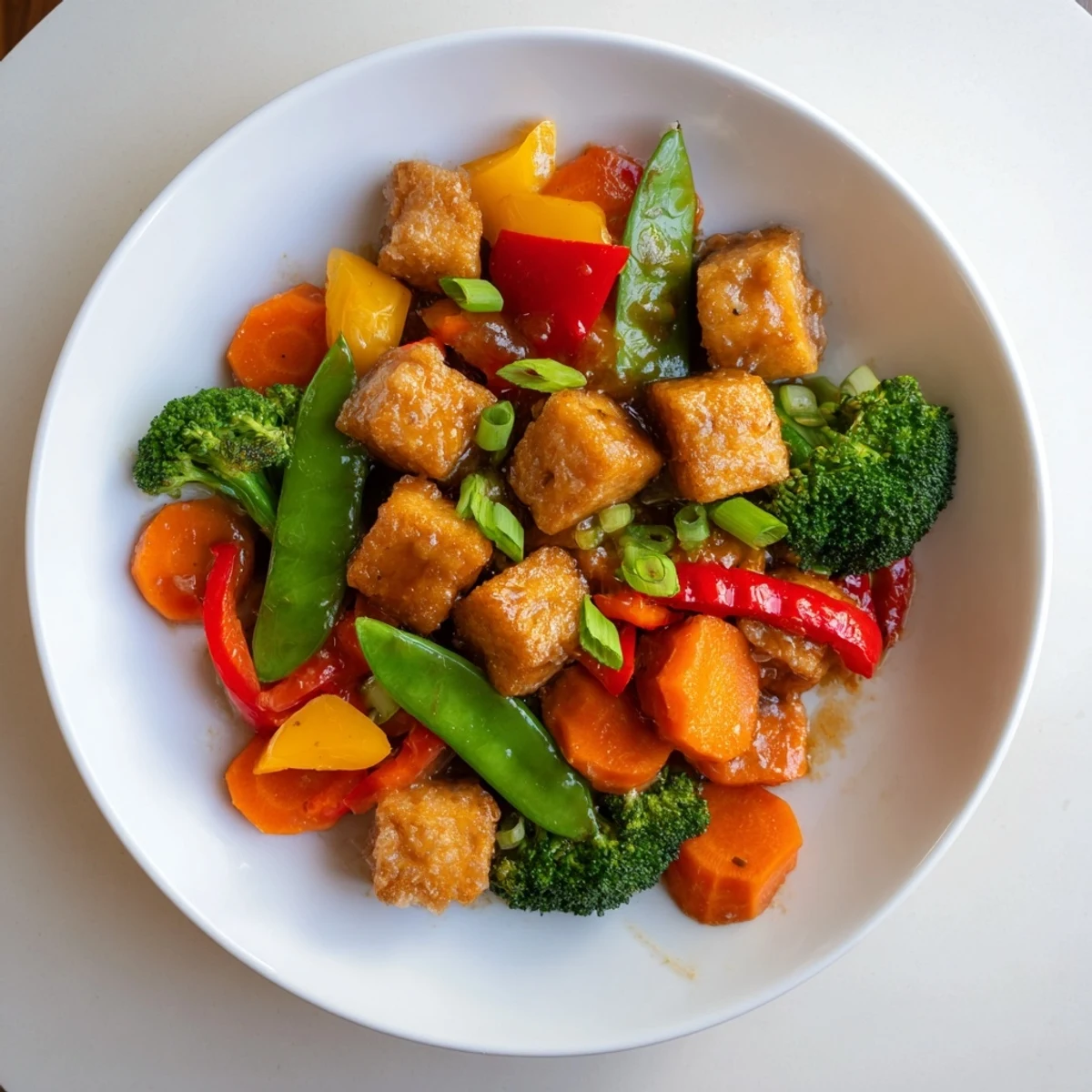 Savory and aromatic: flavorful crispy tofu stir fry with broccoli, carrots, and peppers.
