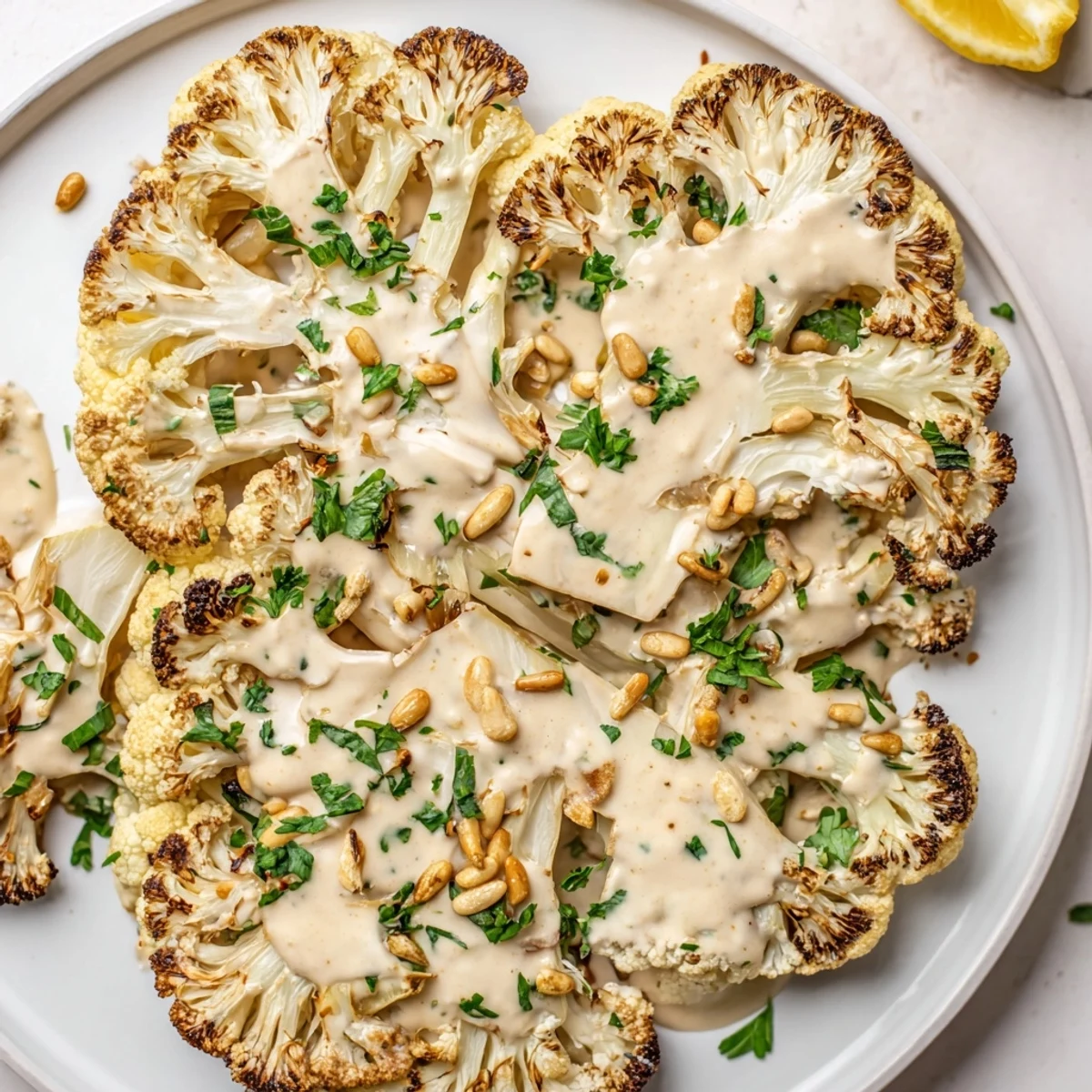 Tender, roasted, flavorful Cauliflower Steaks drizzled with lemony tahini, perfect as a vibrant side.