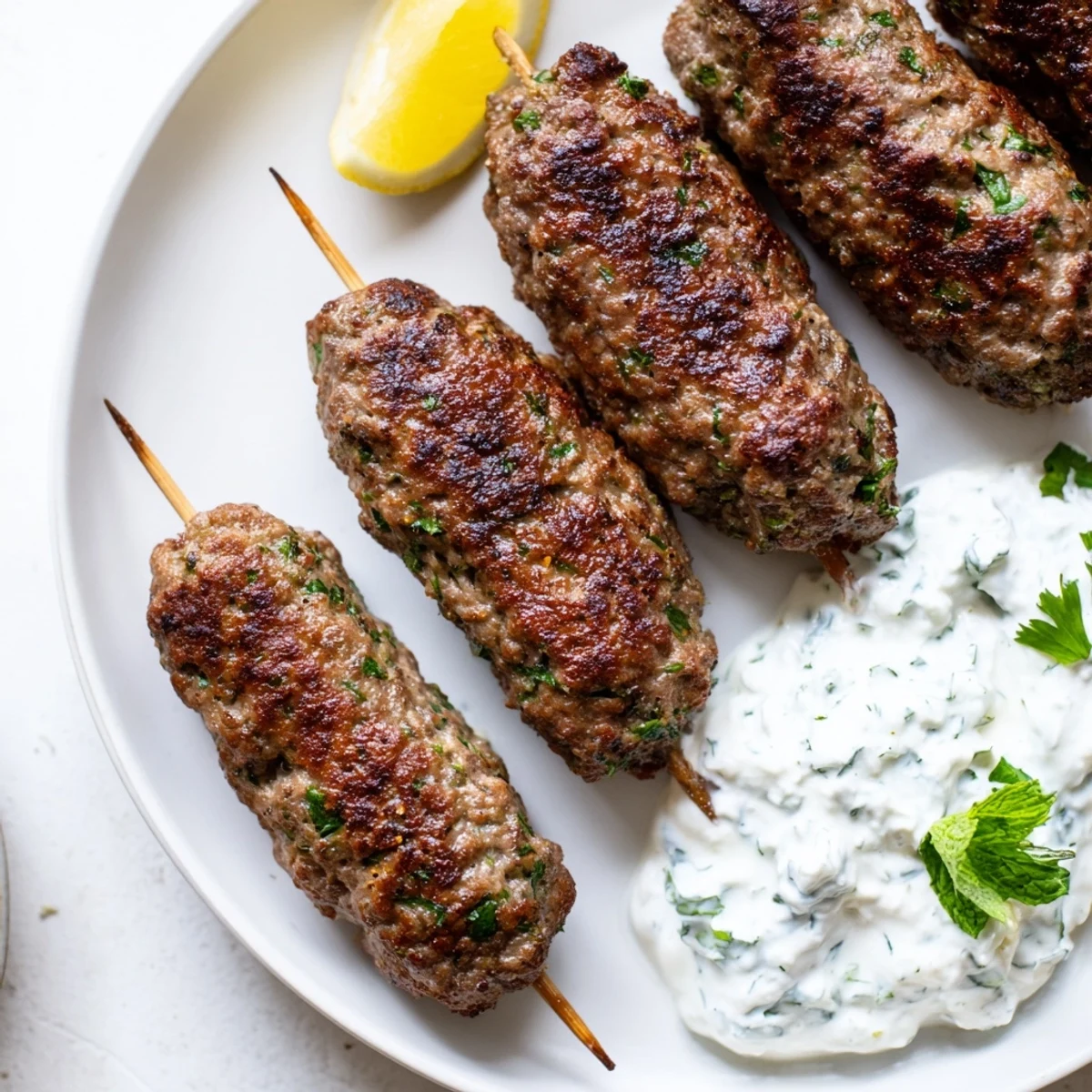 A plate of flavorful beef kofta kebabs, glistening from grilling, alongside cool yogurt.