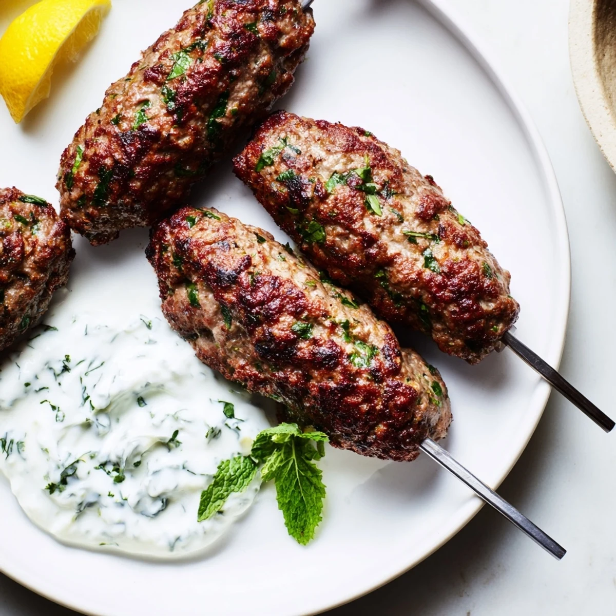 Smoky grilled beef kofta kebabs with creamy yogurt sauce, vibrant herbs, and lemon wedges.