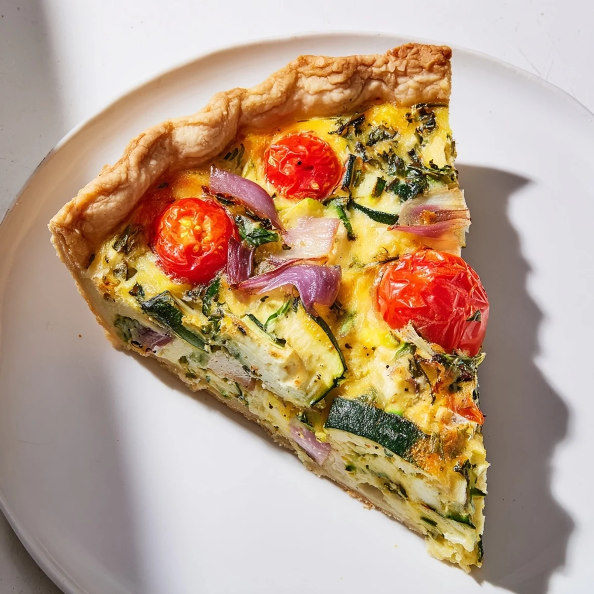 Golden, bubbly Savory Vegetable Quiche, a delicious vegetarian main dish with perfectly baked crust.