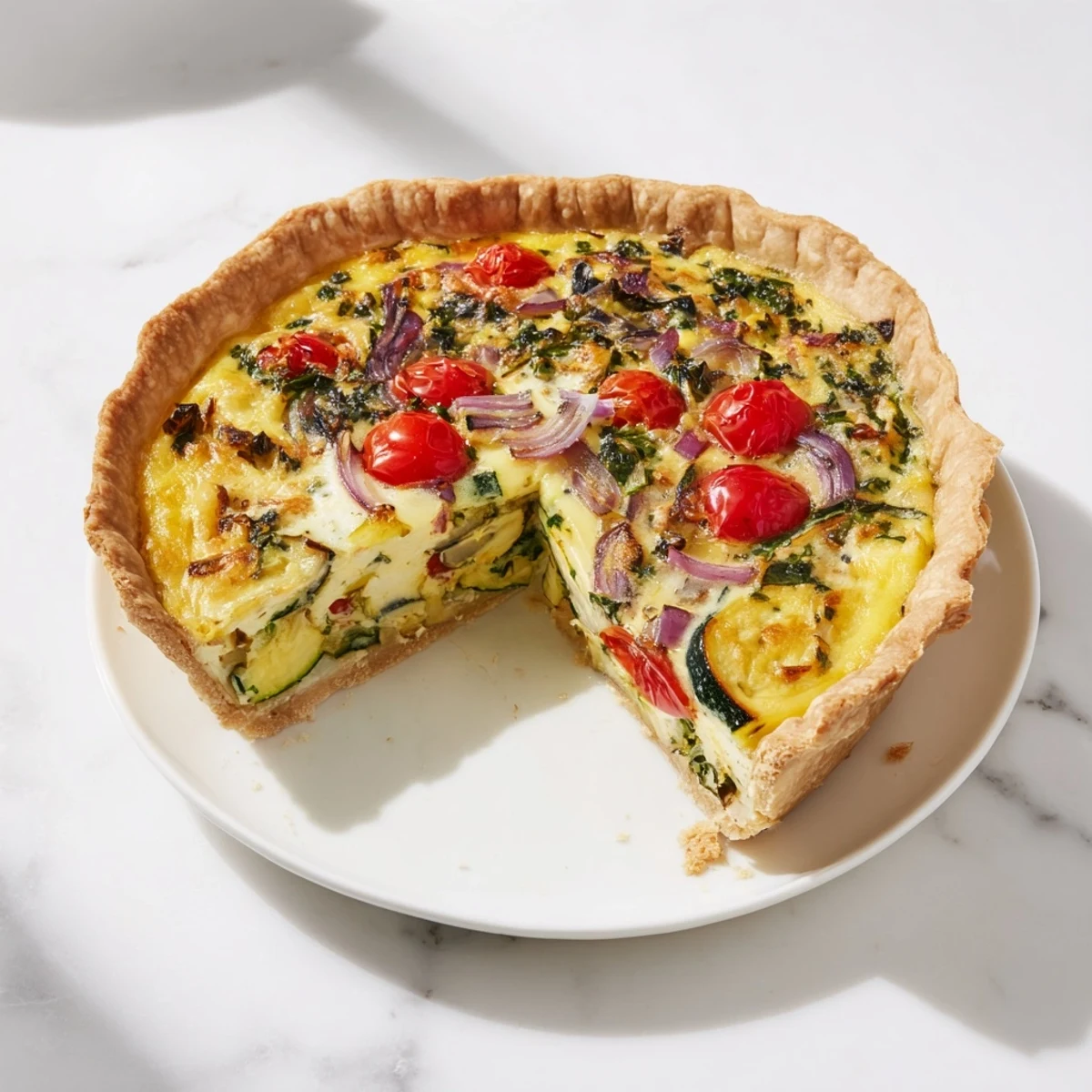 A close-up of a delightful Savory Vegetable Quiche, filled with colorful sauteed veggies and creamy custard.