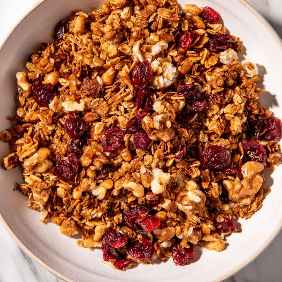 Homemade Cranberry Walnut Granola, golden brown and crunchy, piled beautifully in a bowl.