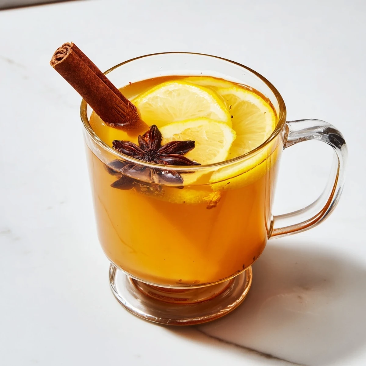 Warm, amber-hued Spiced Hot Toddy, infused with cinnamon and cloves, served in elegant glass mugs.