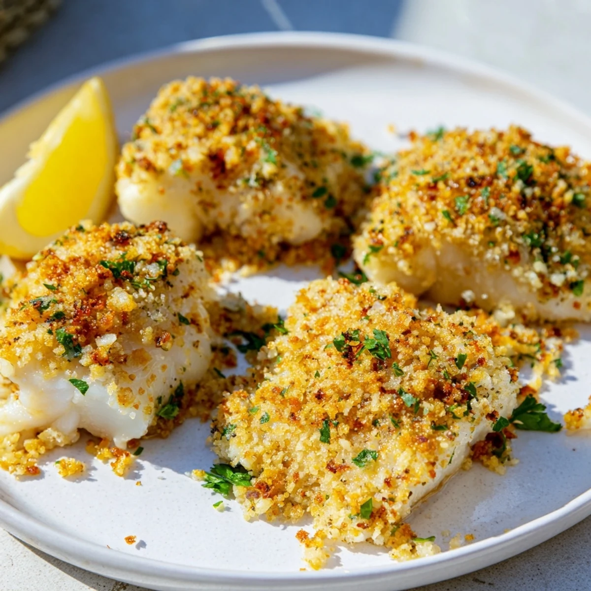 Golden brown baked cod with crumb topping, ready to serve with fresh lemon wedges for dinner.