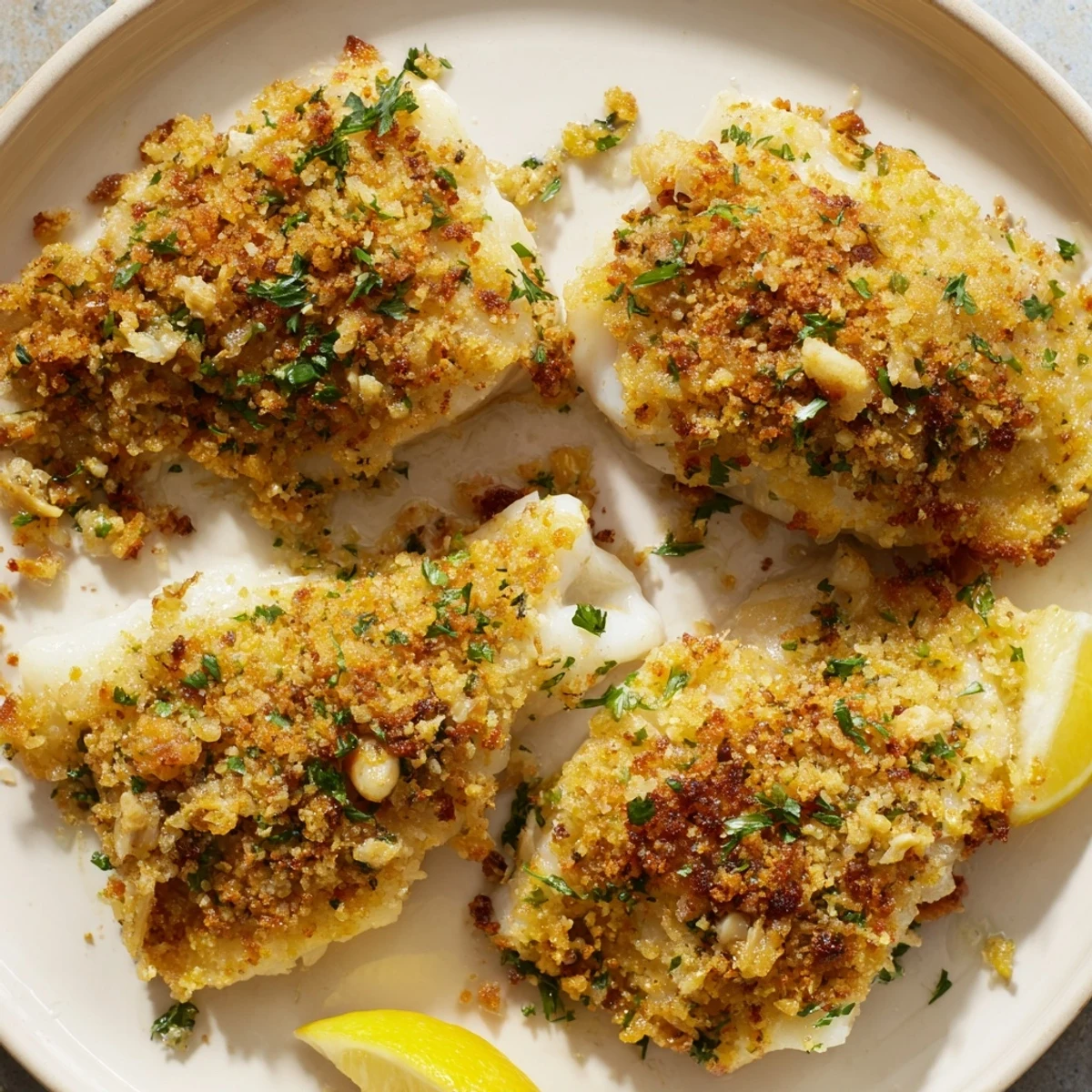 Moist baked cod with crisp breadcrumb topping, a simple and flavorful American seafood recipe.