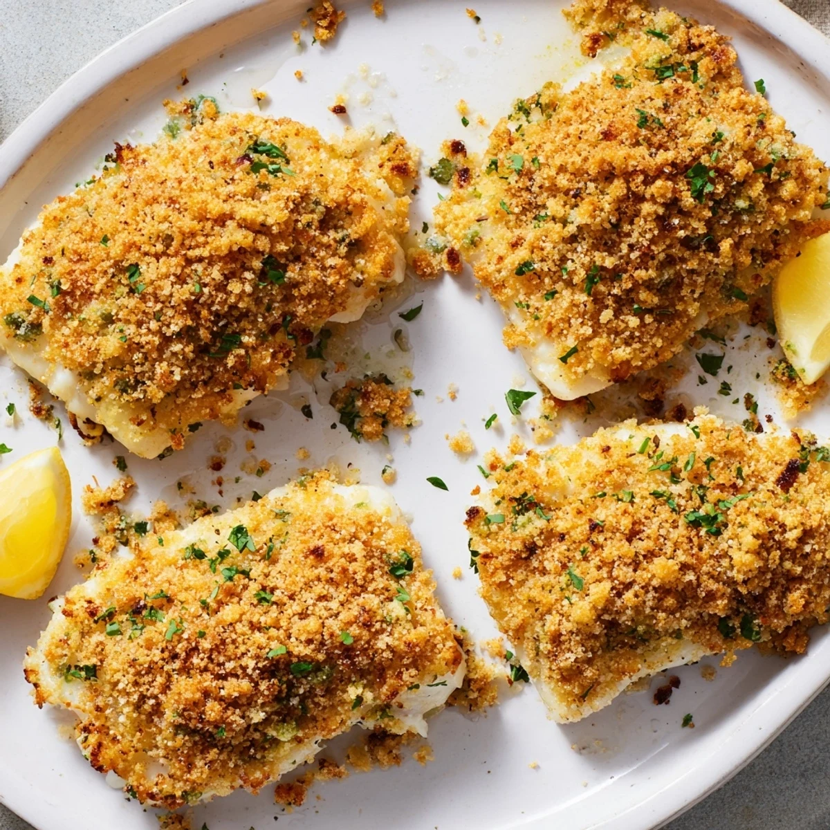 Delicious baked cod with a parmesan and herb crumb topping, perfect for a pescatarian meal.