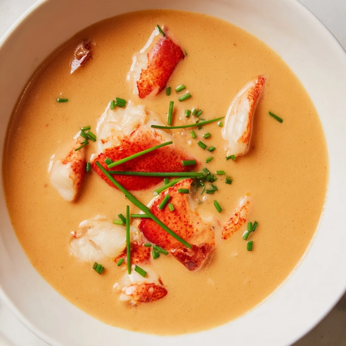 This vibrant photo shows a steaming bowl of creamy lobster bisque, full of inviting aroma.