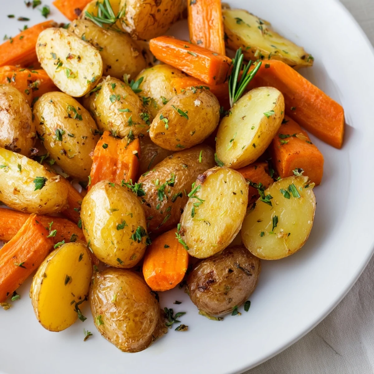 These flavorful herb roasted potatoes and carrots are perfectly roasted, with fragrant herbs and garlic.