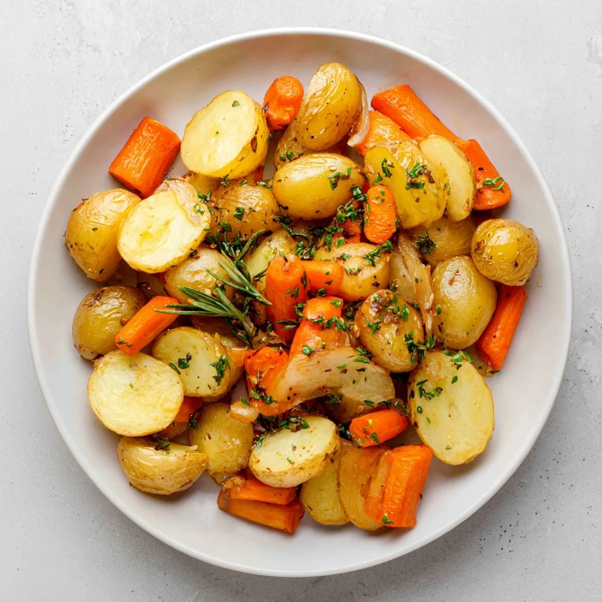 Enjoy the savory aroma of herb roasted potatoes and carrots; a delicious, simple side dish.