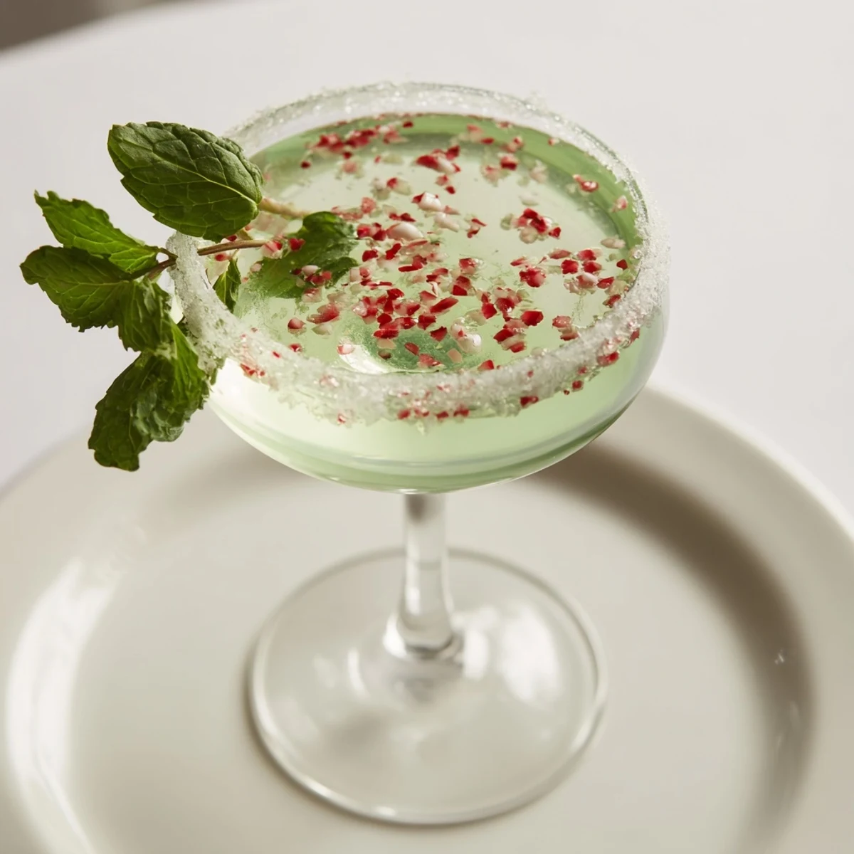 Brightly colored Peppermint Drop cocktail, a chilling sight, made with mint, vodka, and lemon.
