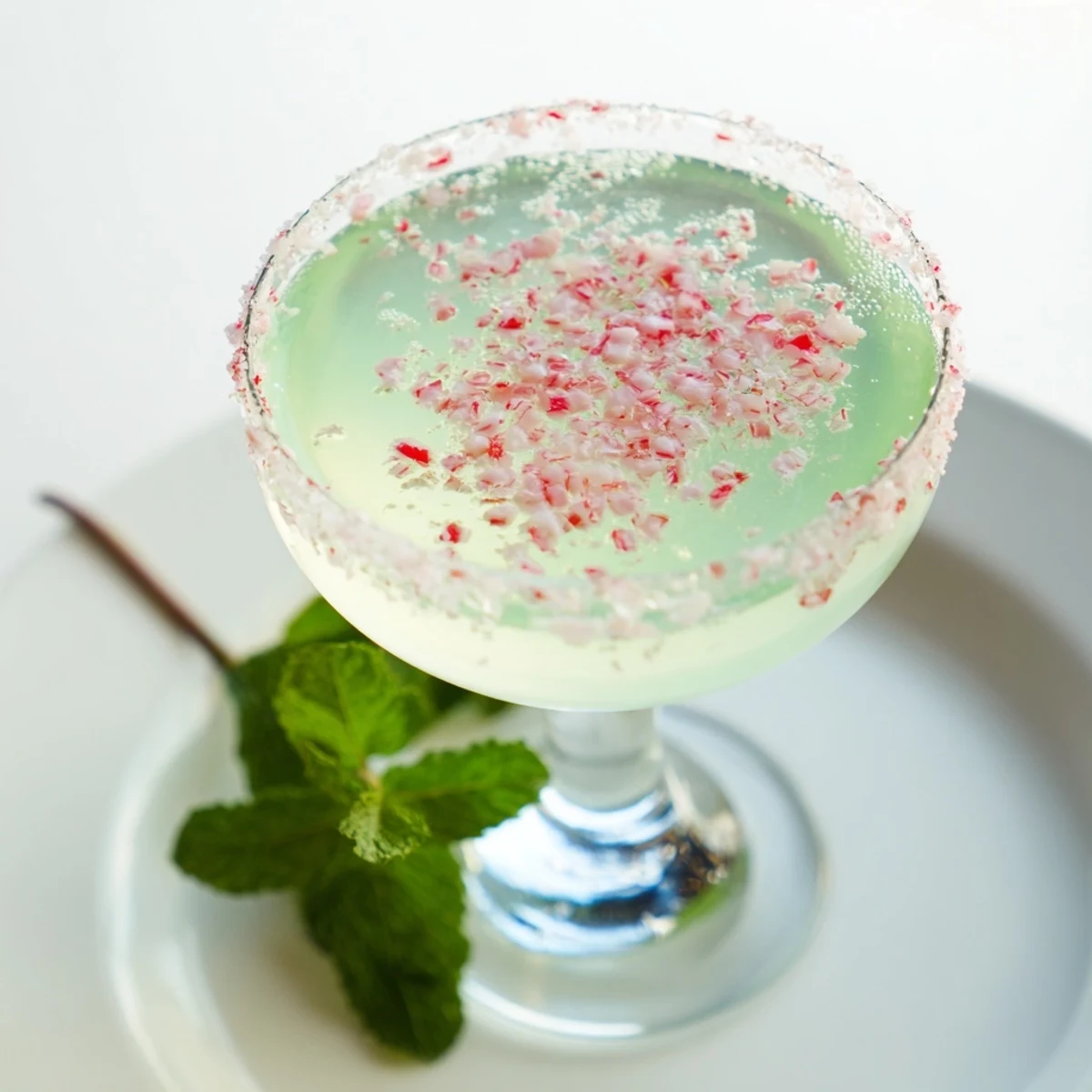 Vibrant Peppermint Drop cocktail with frosted rim, a refreshing cocktail perfect for the holidays.