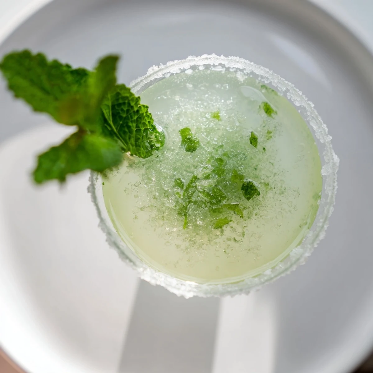 Close-up of a festive Peppermint Drop cocktail, ready to drink, garnished with crushed candy.