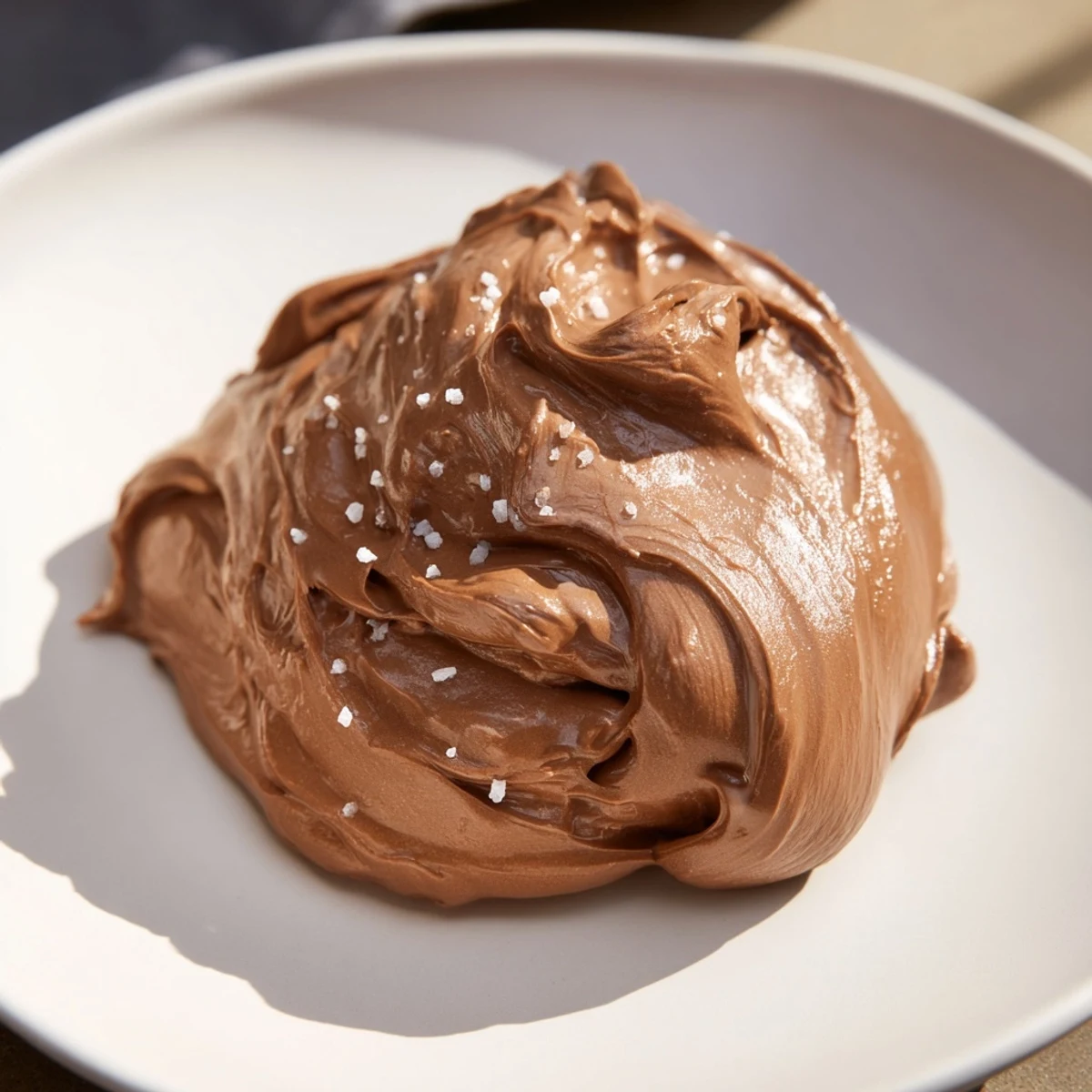 Close-up shot shows creamy chocolate spread, ideal for pancakes, with a velvety texture.