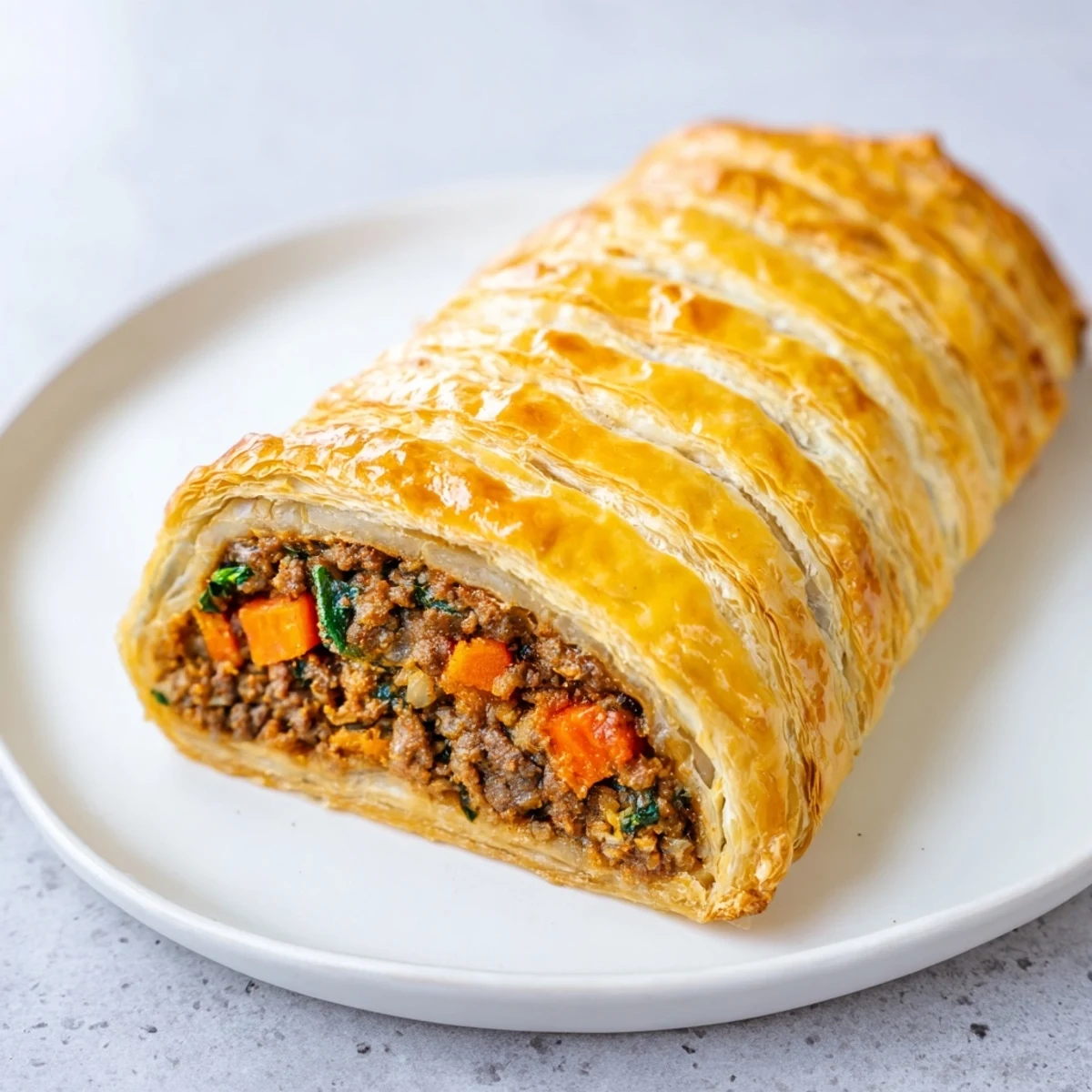 Flaky golden savory roll sliced open, revealing a savory meat and vegetable filling ready to enjoy.