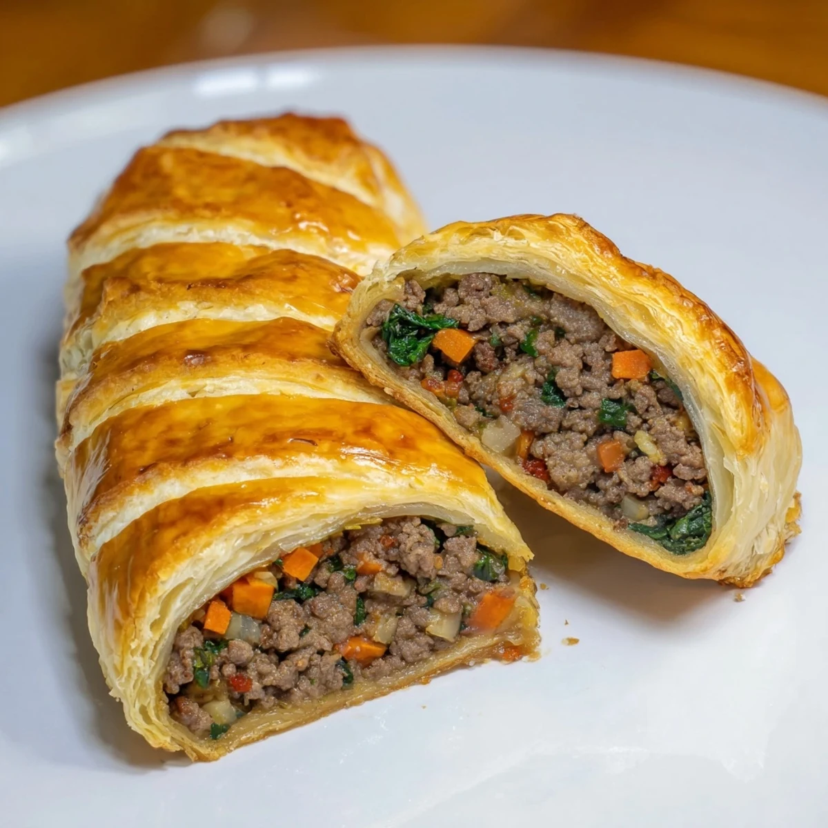 Freshly baked savory rolls with crisp, buttery pastry and a mouthwatering, seasoned meat filling inside.
