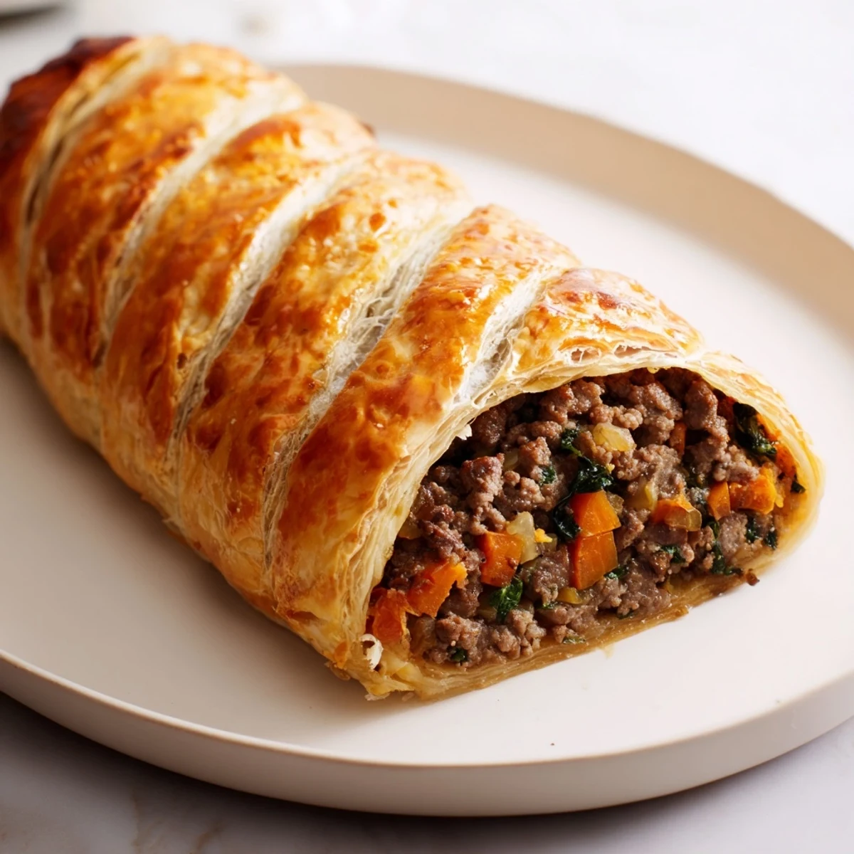 Close-up of a delightful savory roll, showing the puff pastry's layers with its savory meat filling, a perfect snack.
