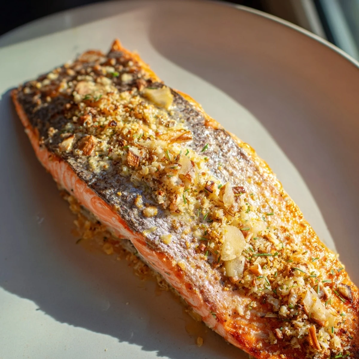 Golden-brown crispy skin salmon, flaky inside, drizzled with lemon butter, ready to serve and enjoy.