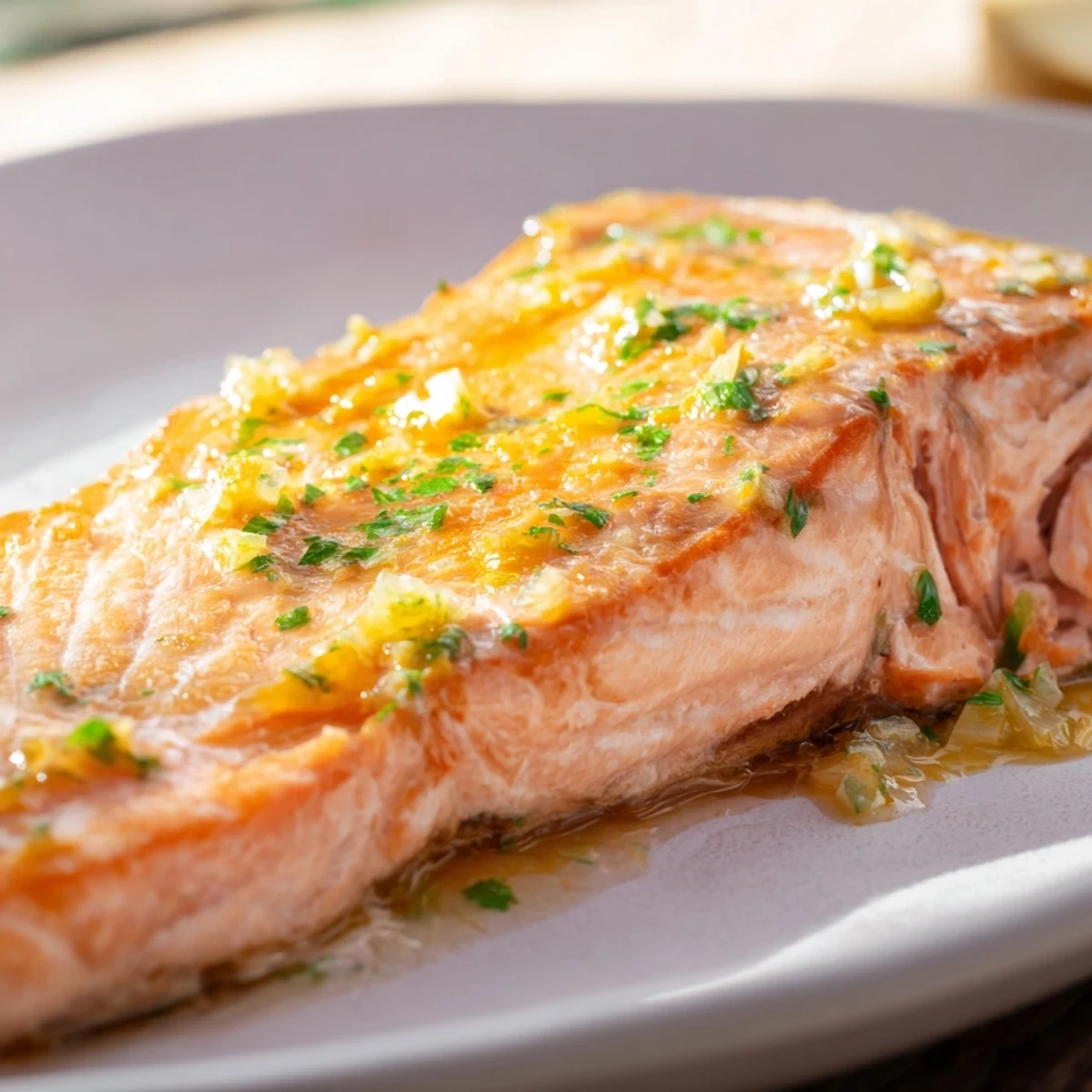 Close-up of crispy skin salmon, glistening with sauce—a simple yet elegant dish, ready in minutes.