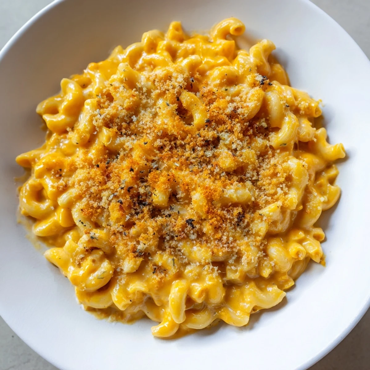 A close-up of creamy Butternut Squash Mac and Cheese, loaded with melted cheddar and parmesan cheeses.