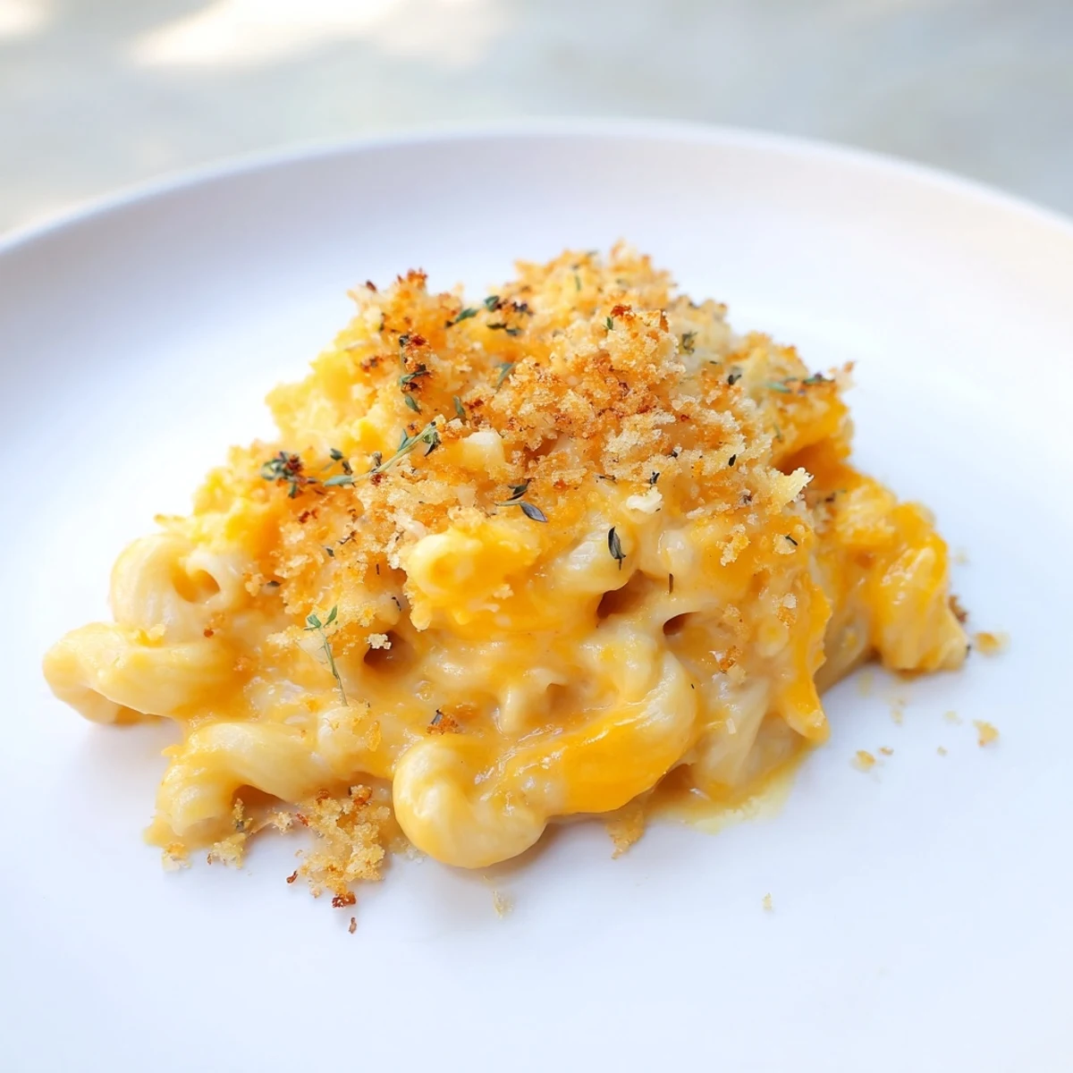 Warm, flavorful butternut squash mac and cheese, ready and served in a baking dish.