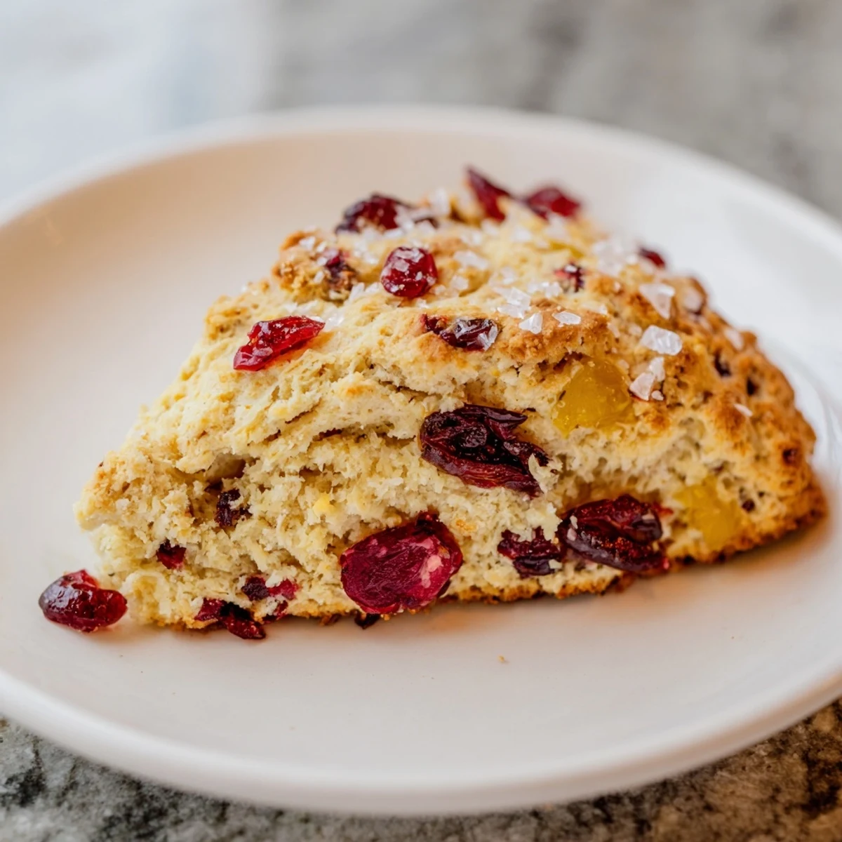 Close-up of baked cranberry orange scones, showcasing a flaky texture and bright orange zest.
