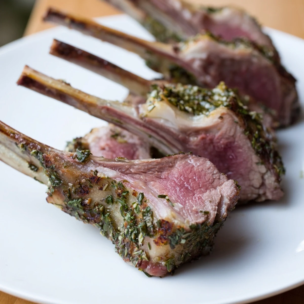 Juicy Herb Roasted Lamb Racks, perfectly cooked with a crispy herb crust and tender, pink center.