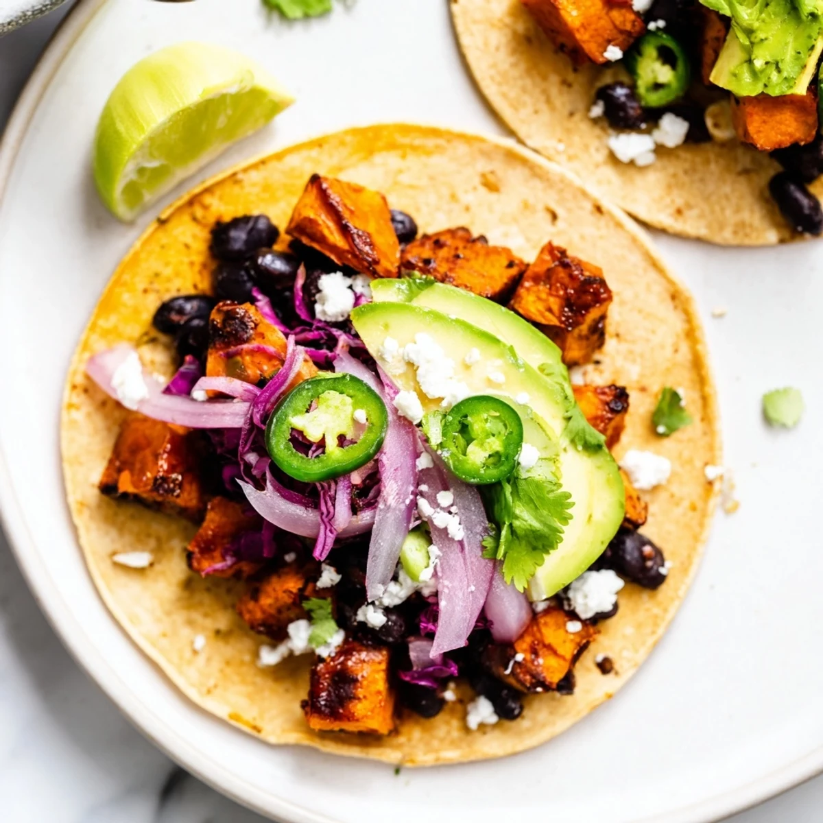 Golden roasted sweet potato and black bean tacos, bursting with flavor, ready to eat!
