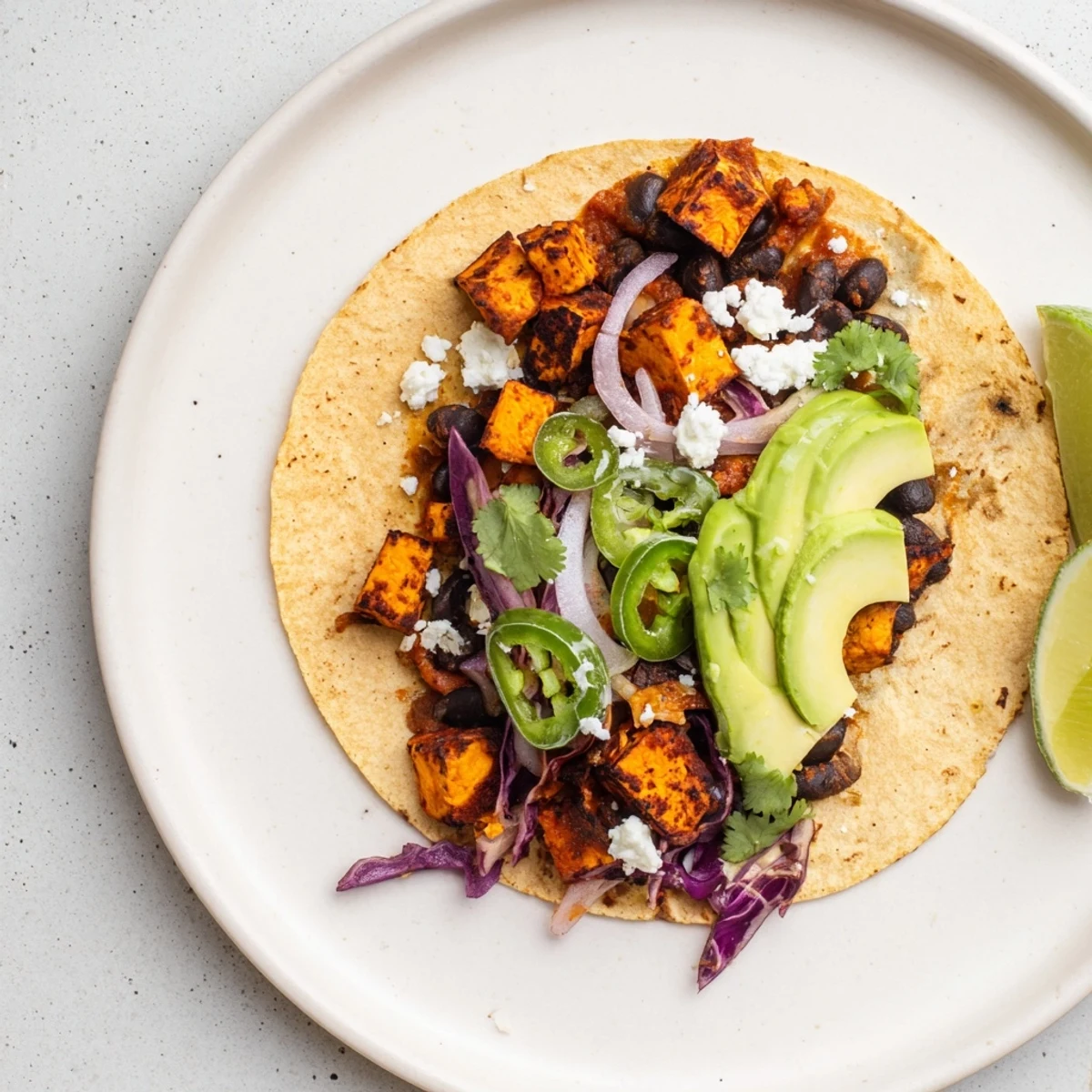 Close-up of vibrant roasted sweet potato and black bean tacos with fresh cilantro and lime wedges.