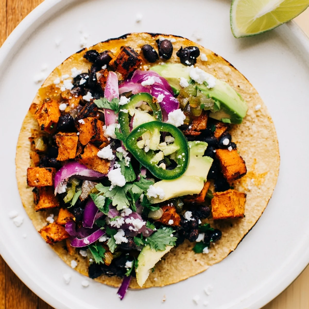 These easy vegetarian roasted sweet potato and black bean tacos are piled high with delicious toppings.