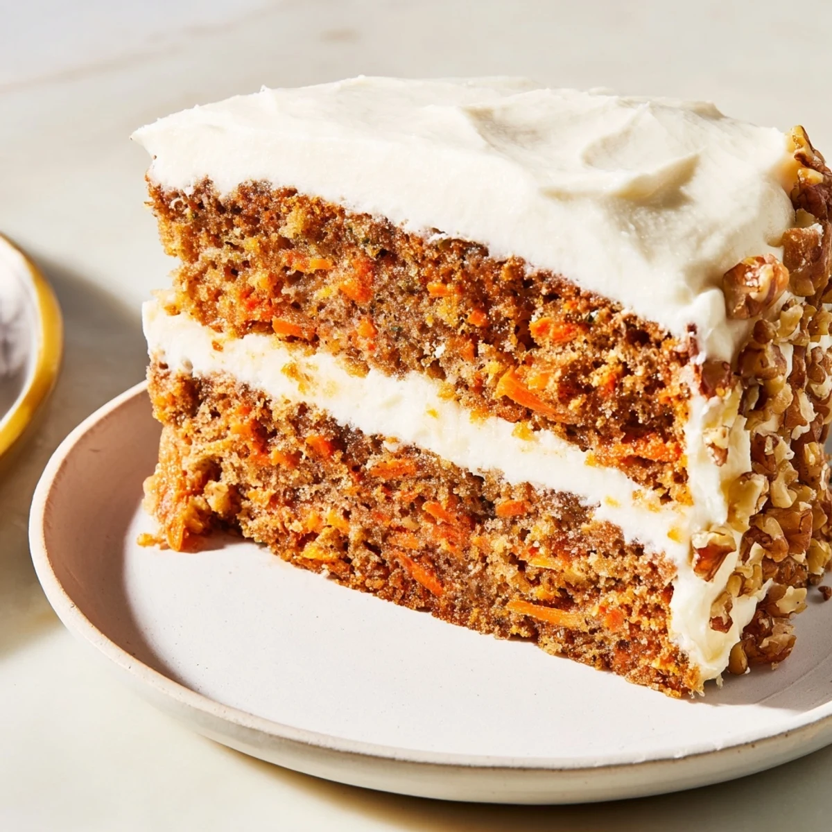 Glistening slices of spiced carrot cake topped with creamy, decadent cream cheese frosting.