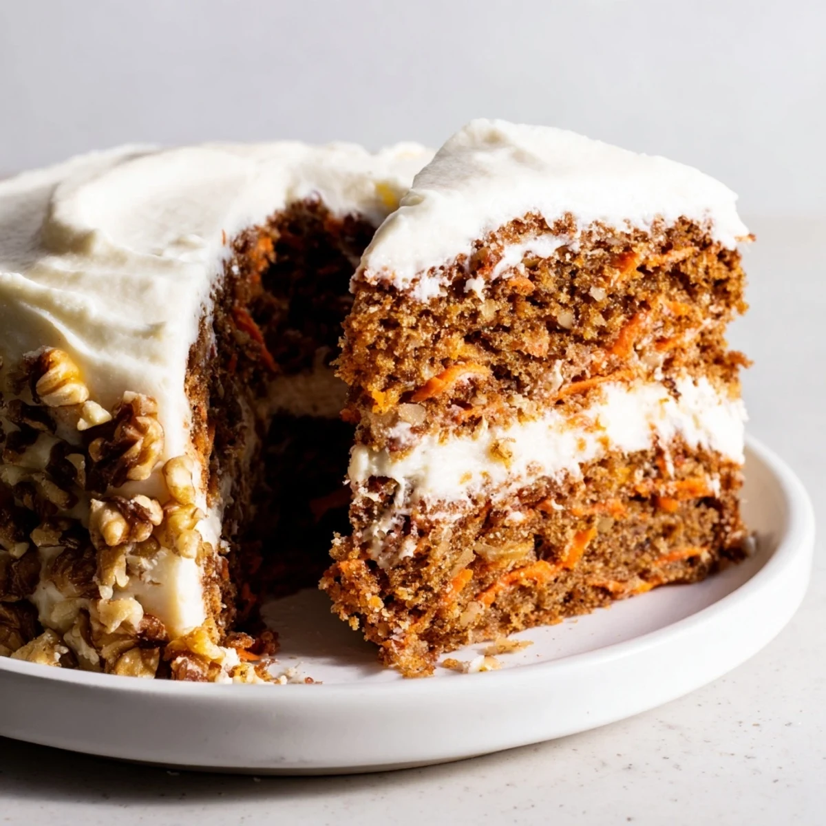 A beautifully frosted spiced carrot cake, showcasing the tender crumb with a sprinkle of nuts.