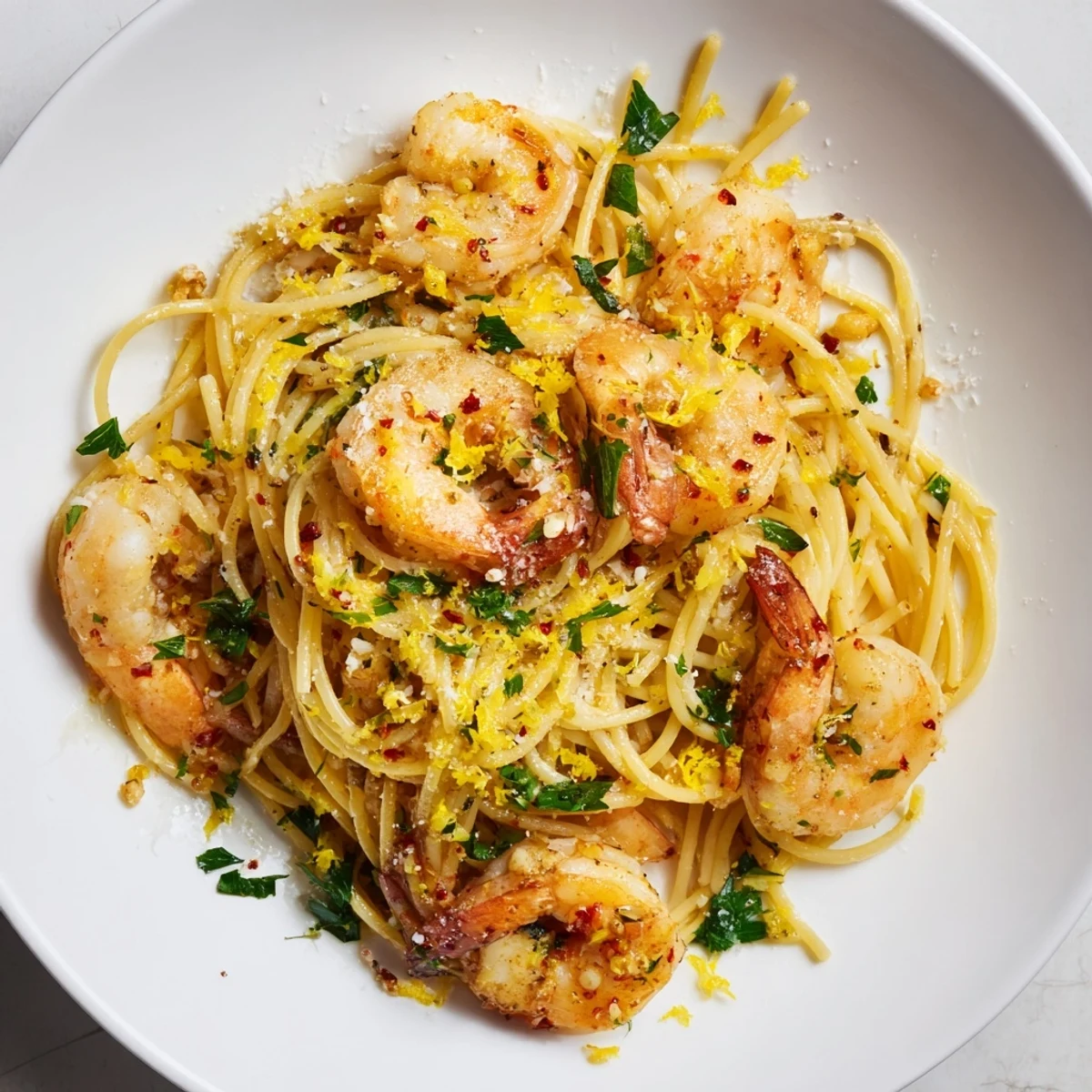 Golden, glistening Lemon Garlic Shrimp Pasta, perfectly plated, with fresh parsley and lemon.