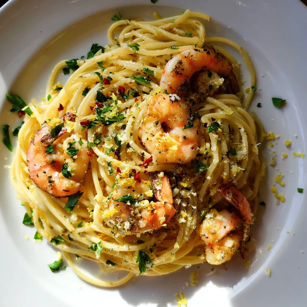 Close-up shot shows a fork twirling luscious Lemon Garlic Shrimp Pasta with garlic and zest.
