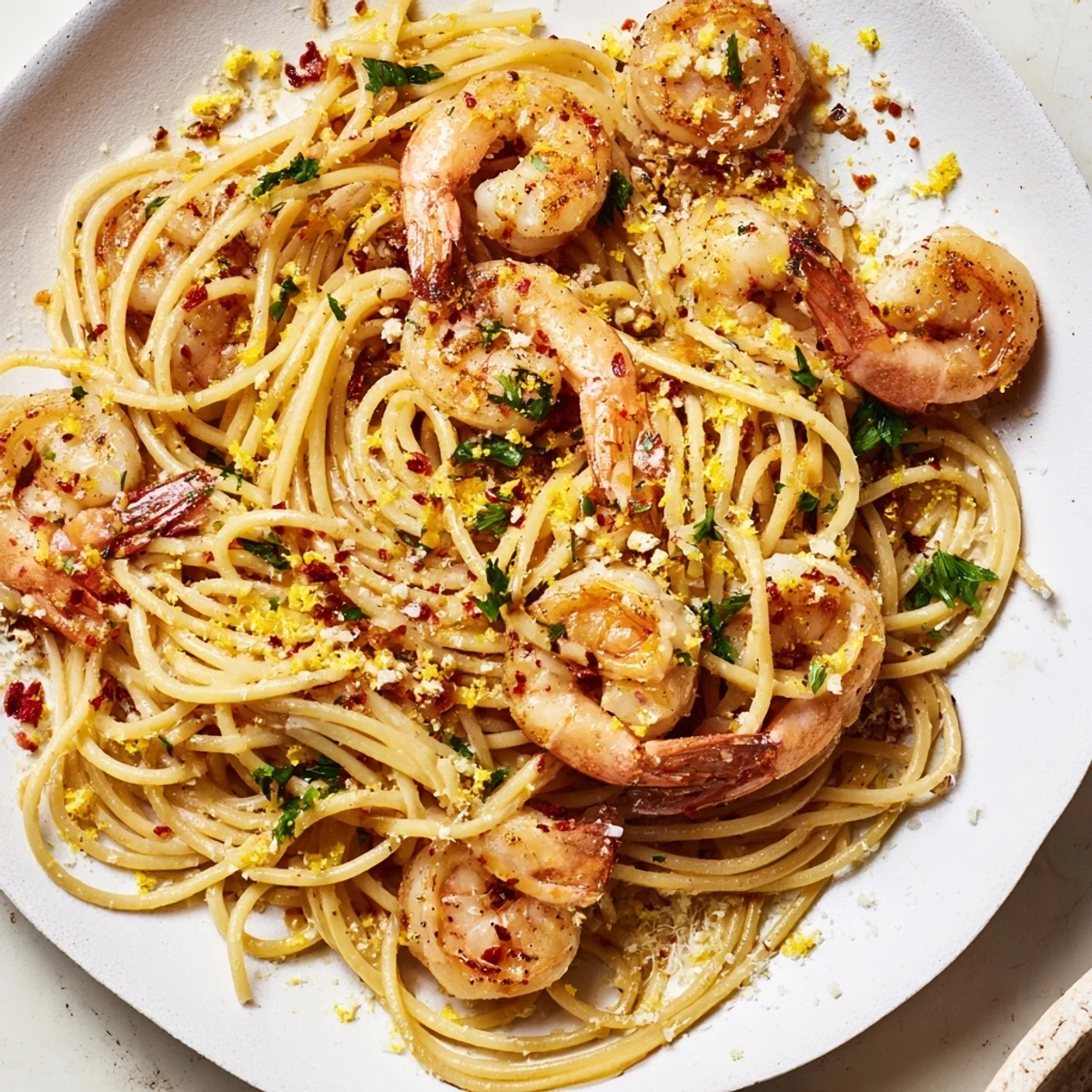 Steaming bowl of Lemon Garlic Shrimp Pasta; the shrimp are pink, nestled in a bright, lemony sauce.