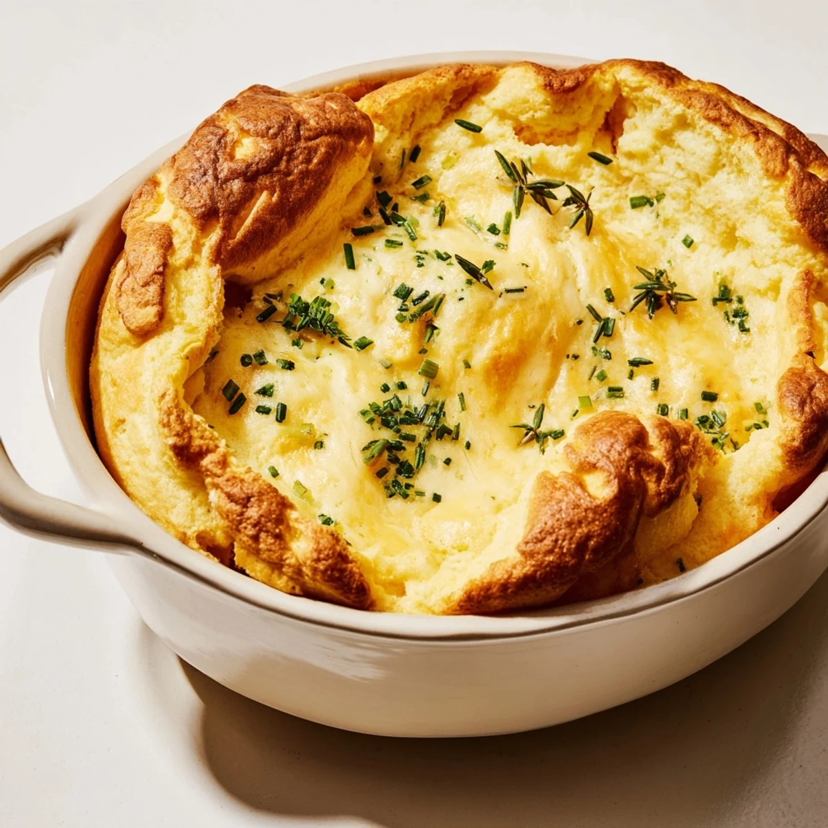 Fluffy, baked Savory Cheese and Herb Soufflé, the cheese melted into a creamy, herb-infused delight.