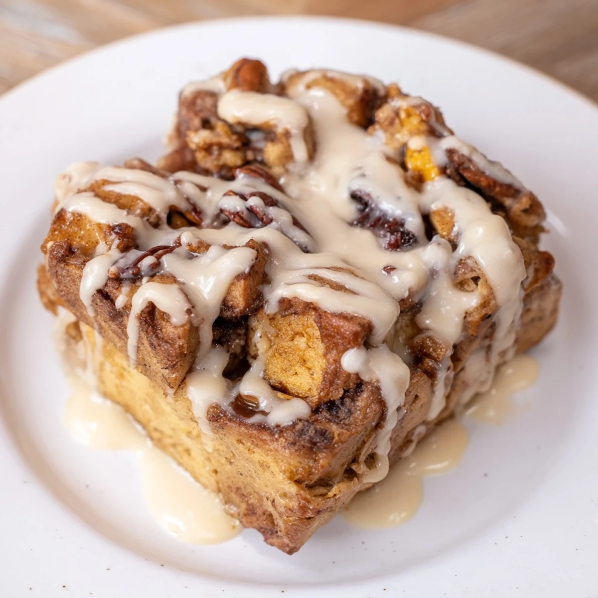 Golden-baked Cinnamon Roll Bread Pudding, drizzled with sweet icing, ready for a comforting brunch.