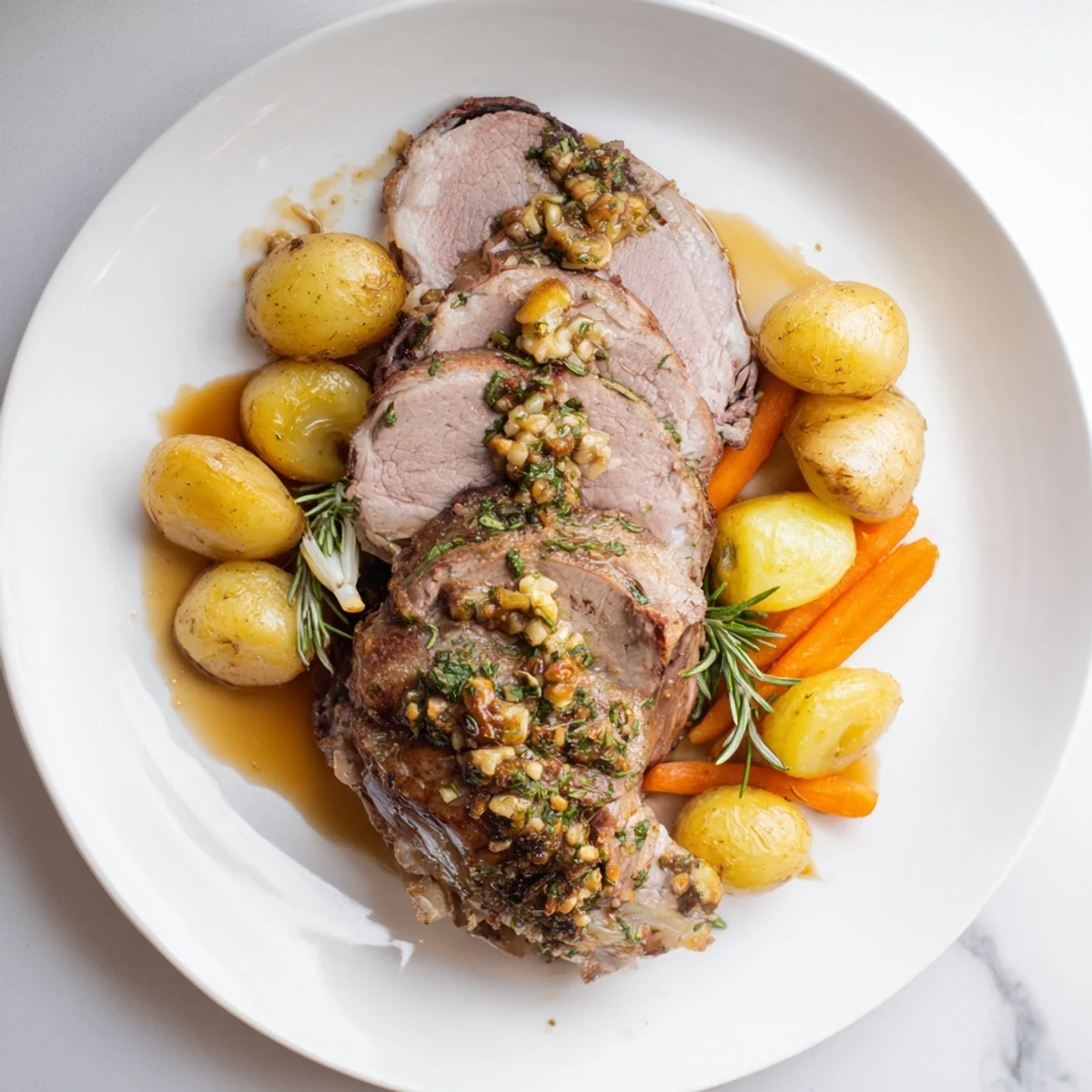 Juicy and flavorful roasted leg of lamb glistens, ready for slicing, alongside roasted vegetables.