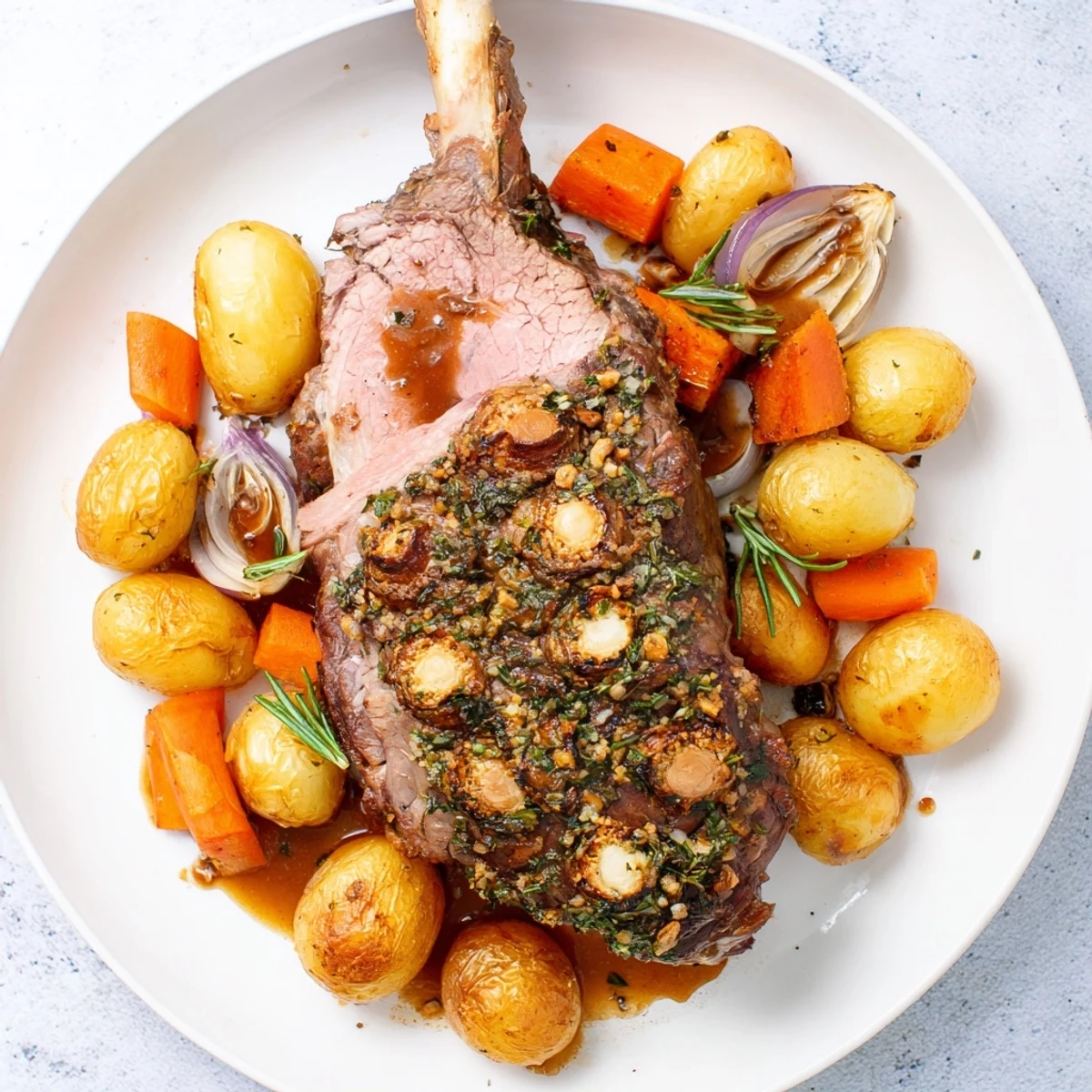 Golden-brown roasted leg of lamb with garlic and herbs, a gorgeous main course for a holiday.