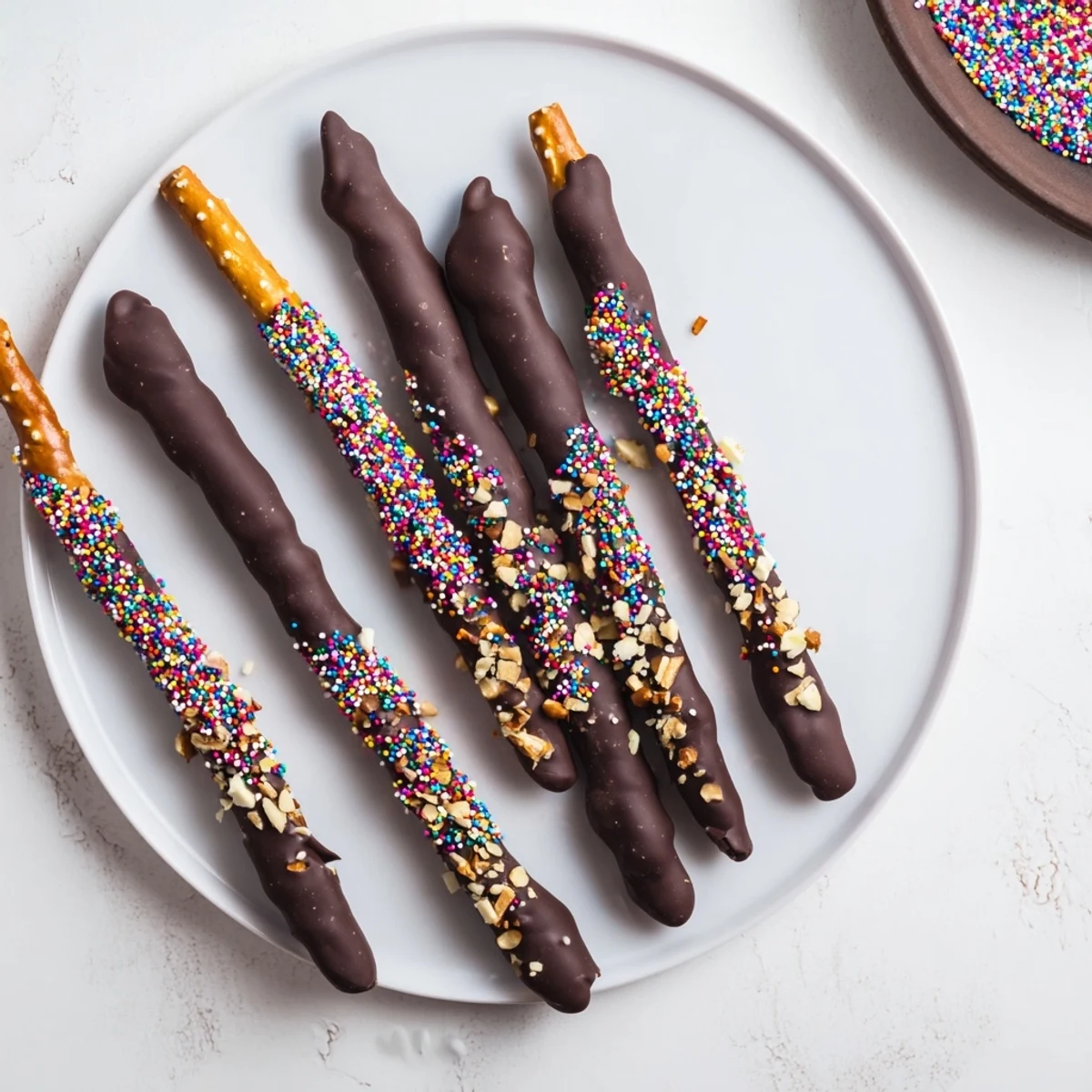Chocolate-covered pretzels glistening with sprinkles, a delightful sweet-and-salty homemade snack.