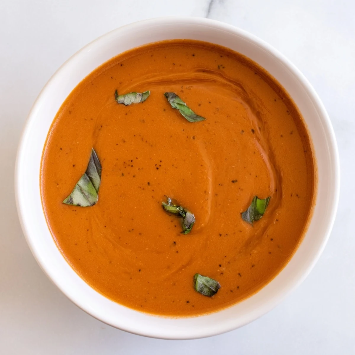A steaming bowl of Creamy Tomato Basil Bisque, garnished with fresh basil, ready to enjoy.