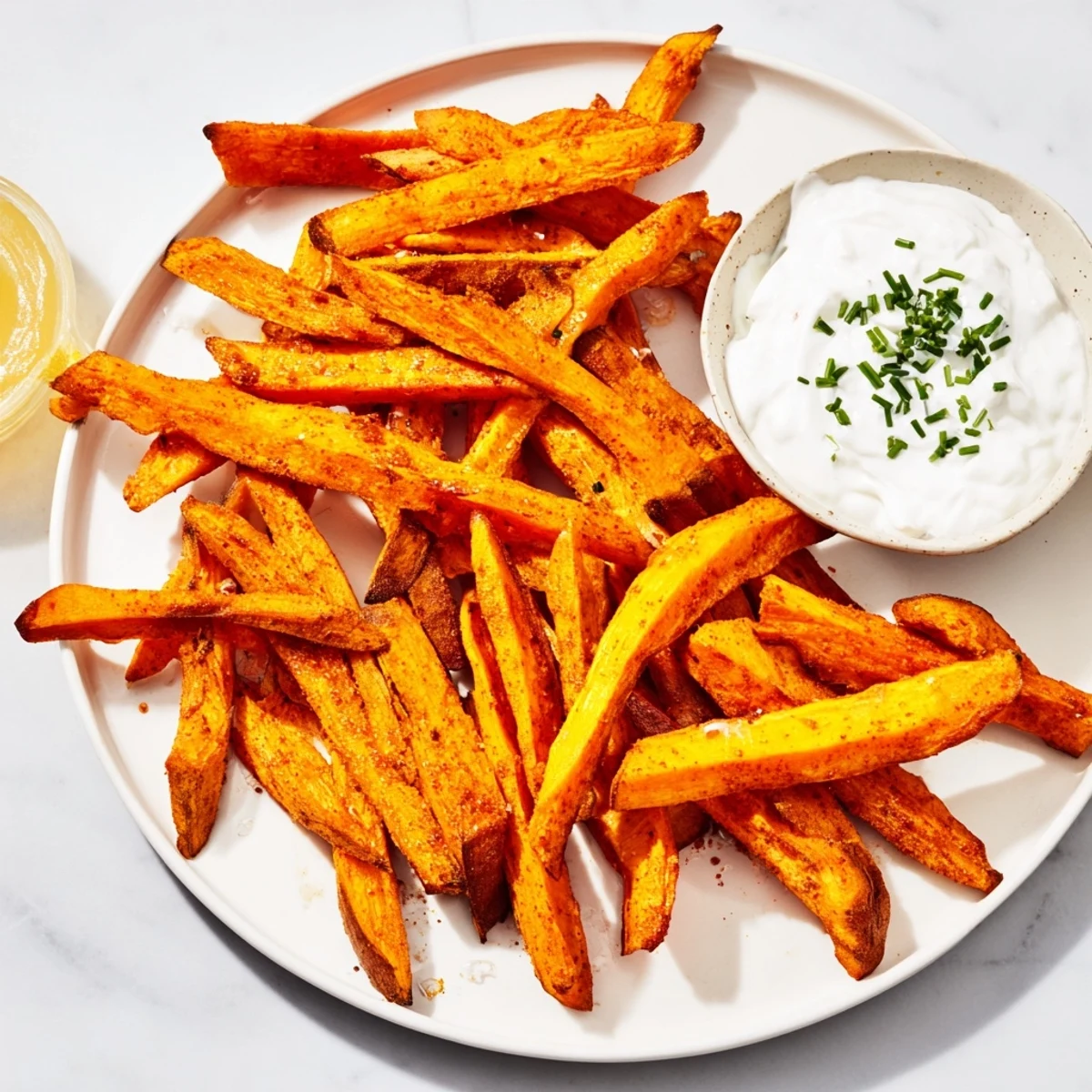 Golden-brown baked sweet potato fries with a creamy dip, a perfect side dish for dinner.