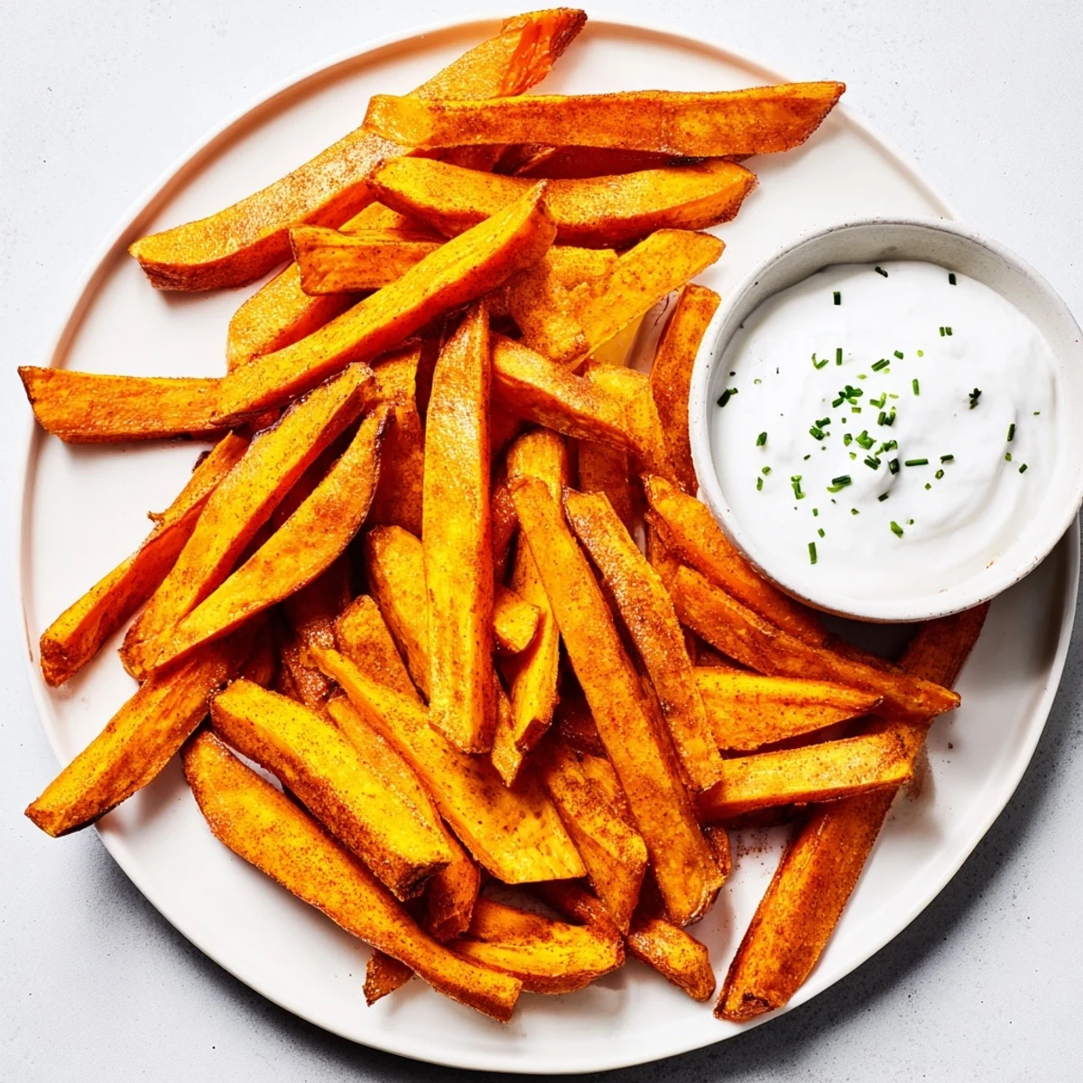 Crispy textured sweet potato fries, seasoned and baked to perfection, served with a flavorful dip.
