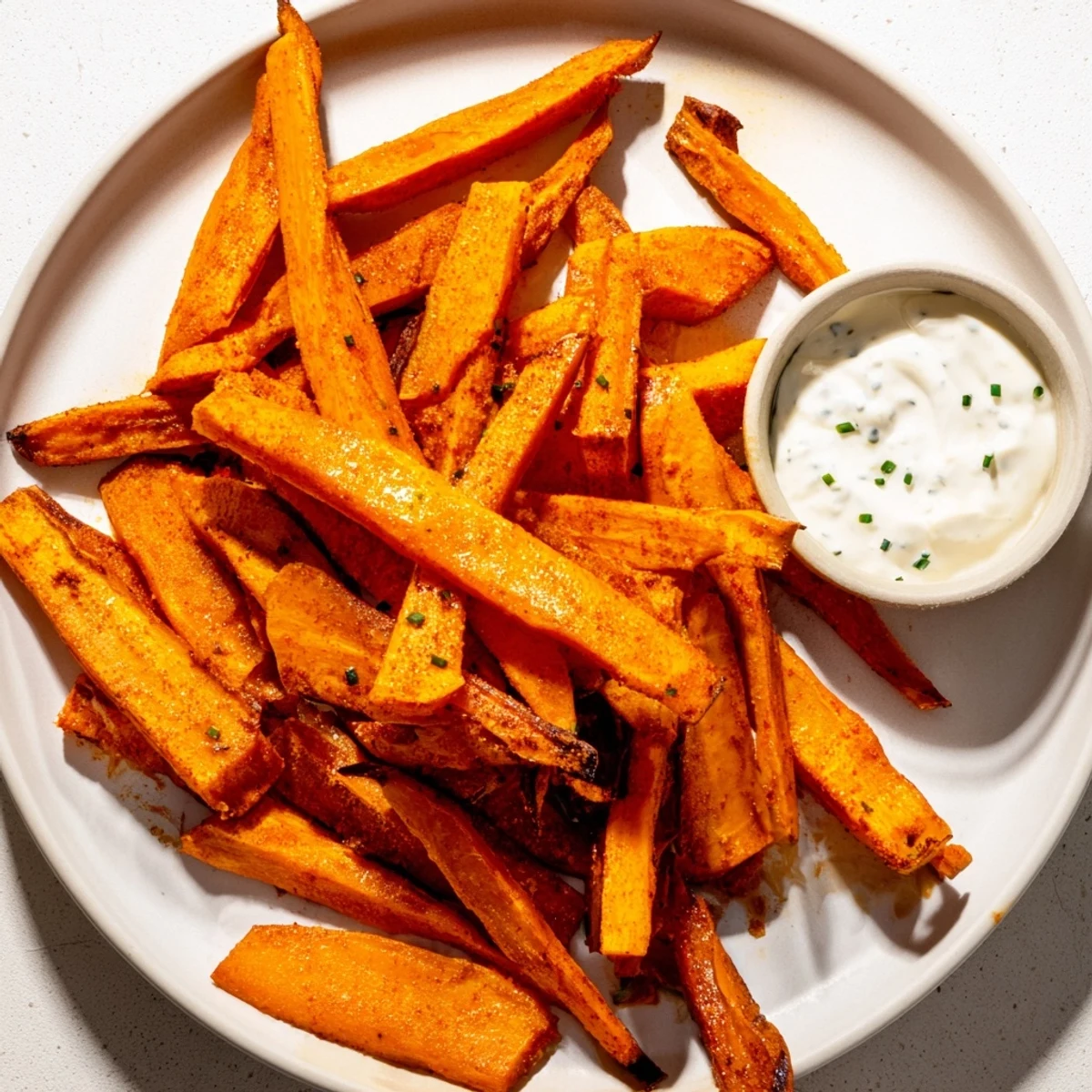 Homemade baked sweet potato fries, offering a delightful mix of textures alongside a tangy dip.