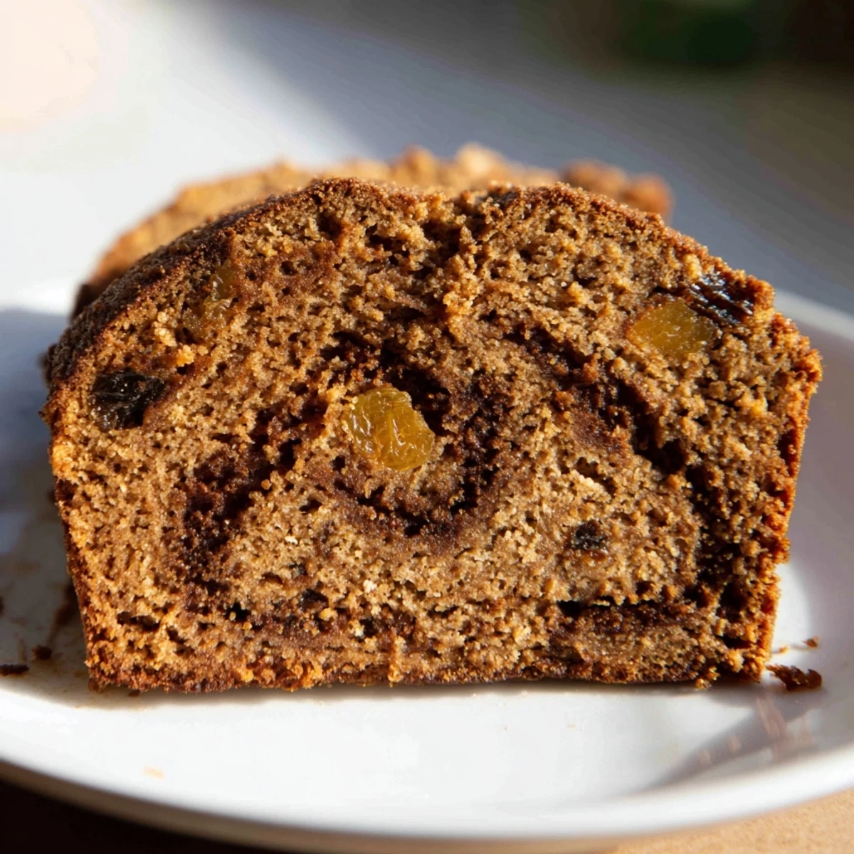 A slice of spiced chai tea loaf, studded with fruit, ready to enjoy with a warm beverage.