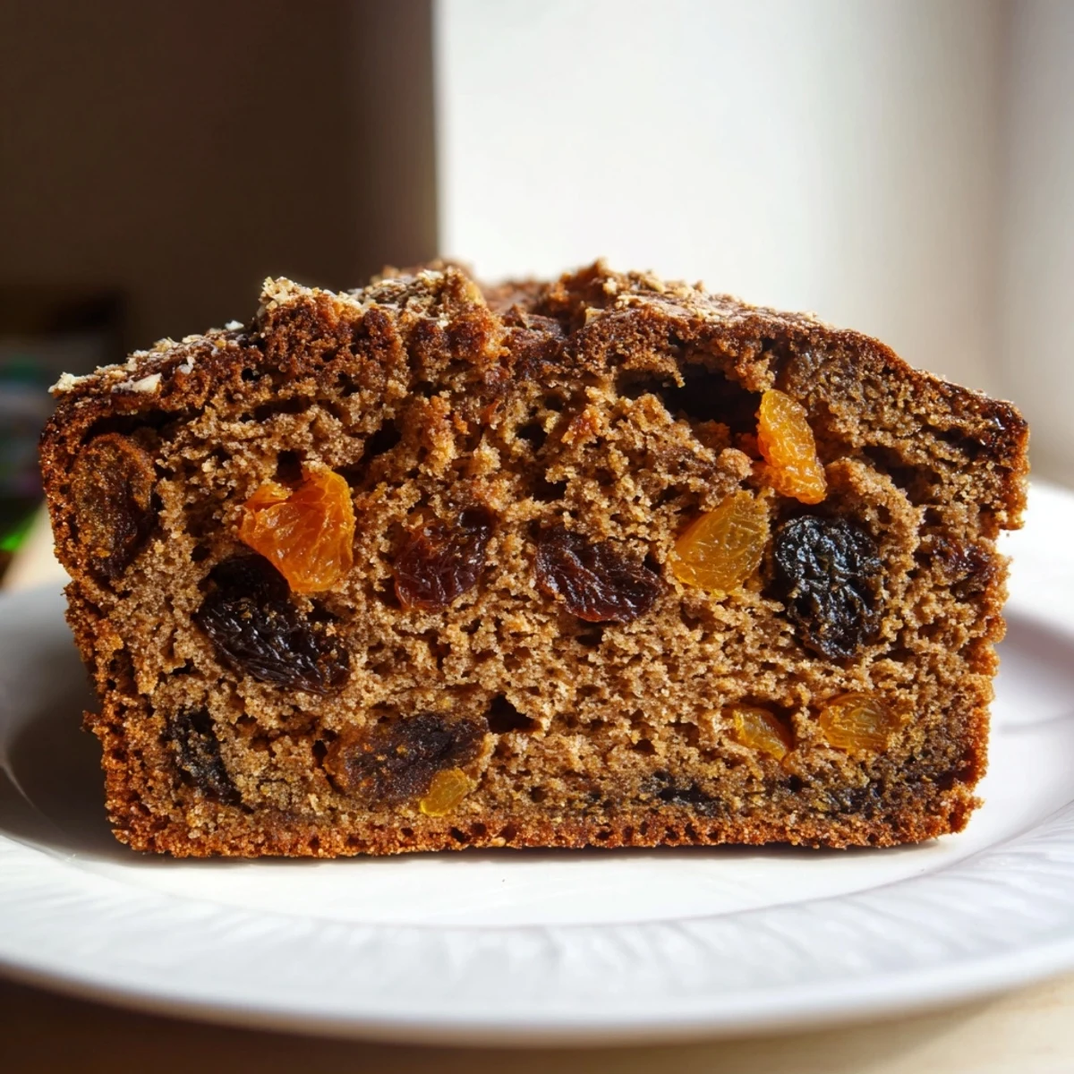 Warm, golden-crusted spiced chai tea loaf, with visible fruit and soft, moist interior.
