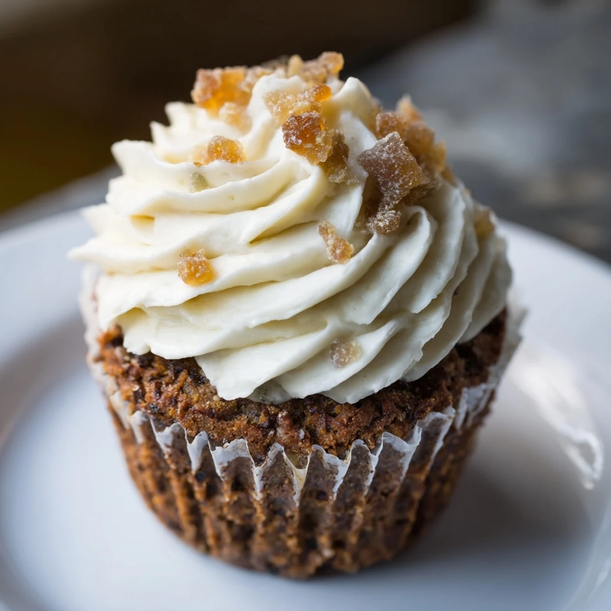 Warm, spiced gingerbread cupcakes, frosted with swirls of sweet cream cheese frosting, ready to eat.