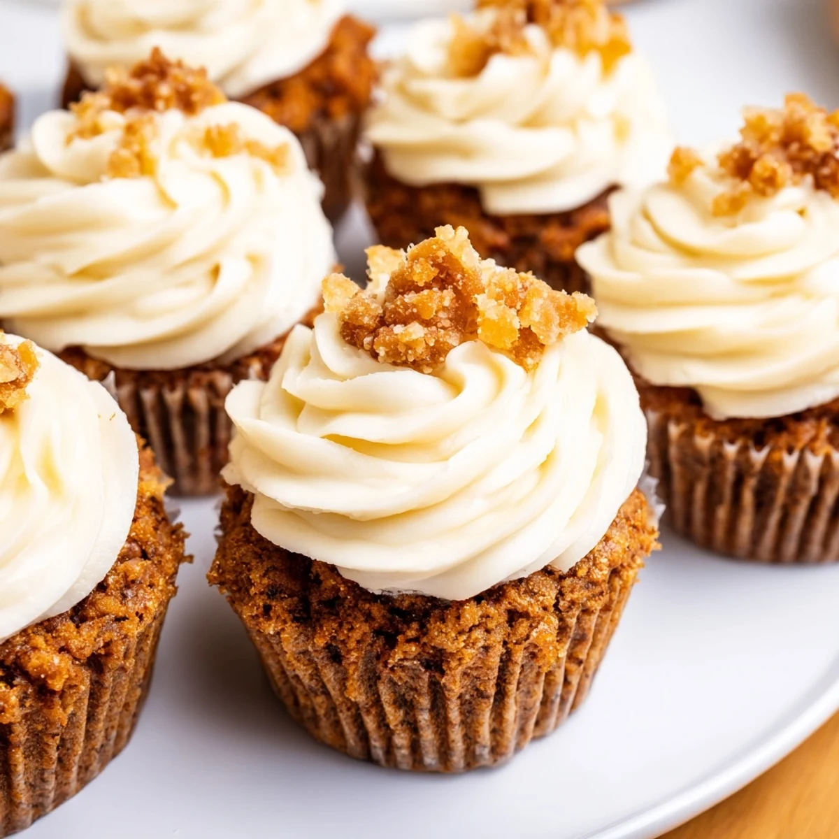 Close-up of freshly baked gingerbread cupcakes boasting a generous layer of cream cheese frosting.