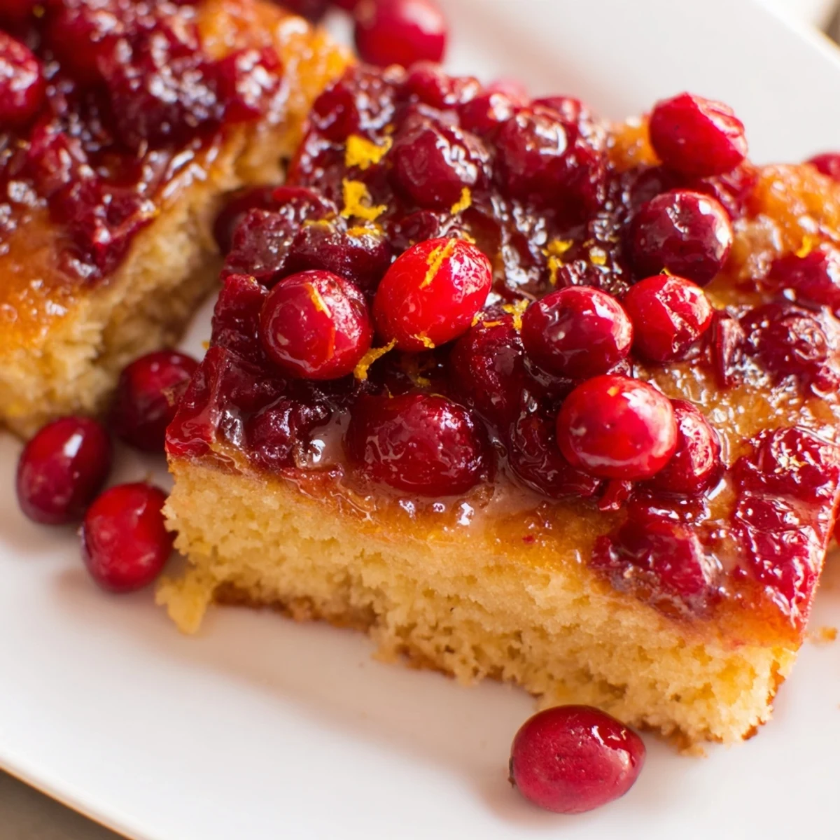 A close-up of a Cranberry Upside Down Cake, showing the vibrant red cranberry topping and golden cake.